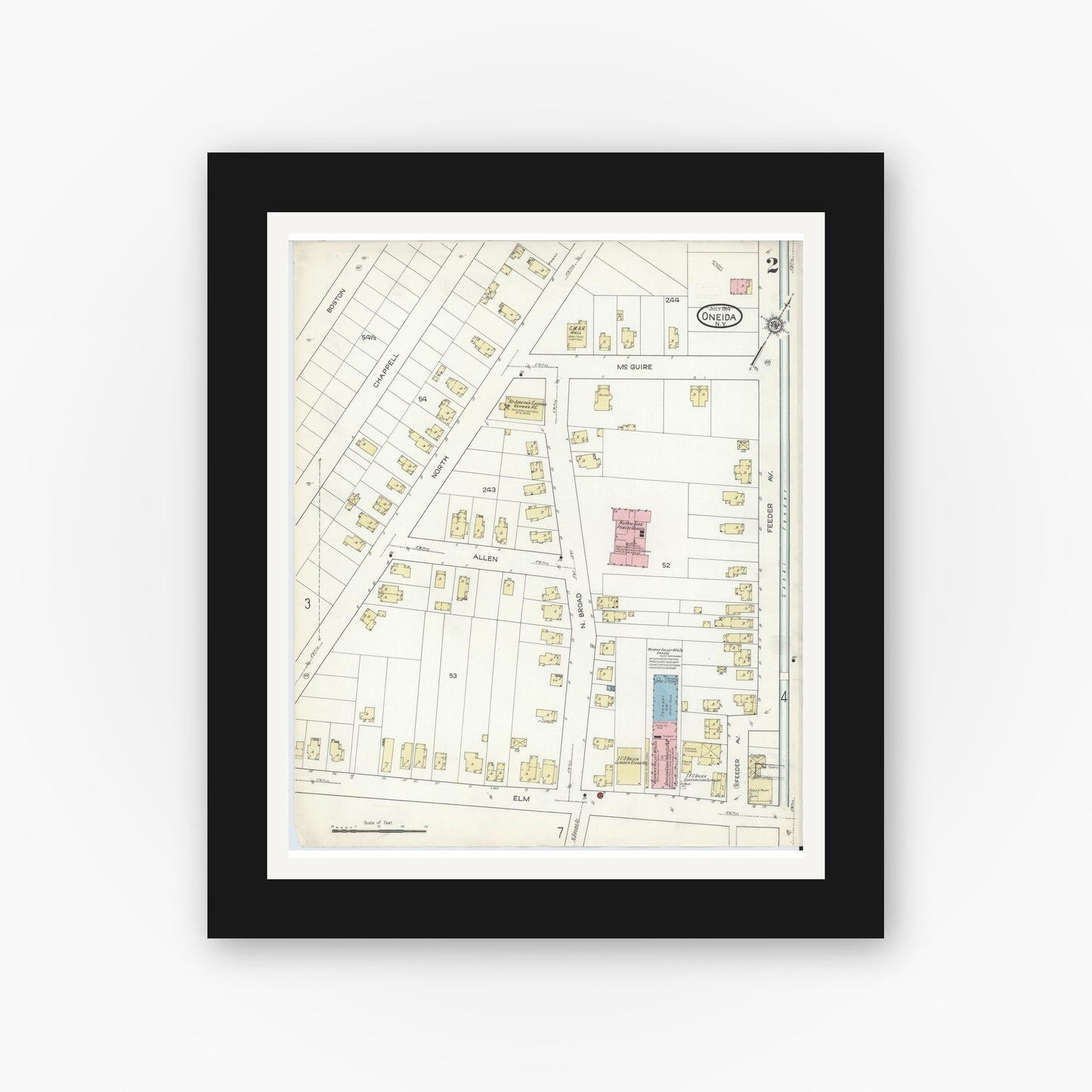 Old map wall art mockup — black gallery frame with white mat — Sanborn Fire Insurance Map from Oneida, Madison County, New York (1914) - Complete Map Set