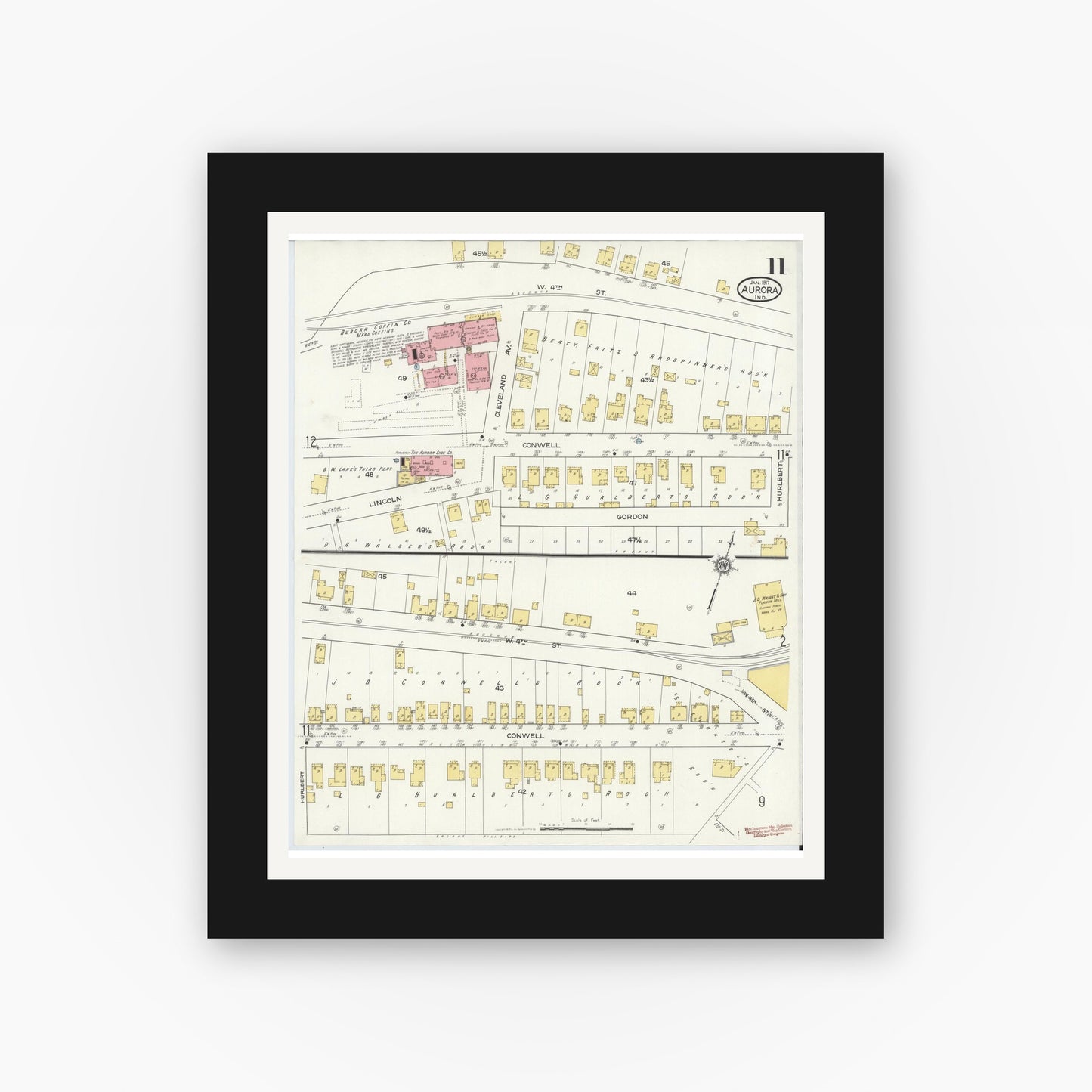 Old map wall art mockup — black gallery frame with white mat — Sanborn Fire Insurance Map from Aurora, Dearborn County, Indiana (1917), Sheet #0011