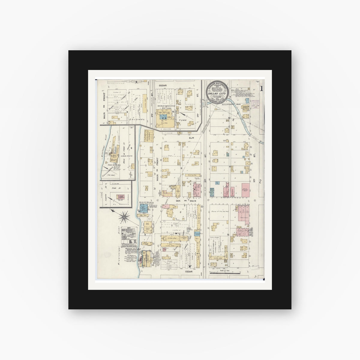 Old map wall art mockup — black gallery frame with white mat — Sanborn Fire Insurance Map from Dallas City, Hancock County, Illinois (1906) - Complete Map Set