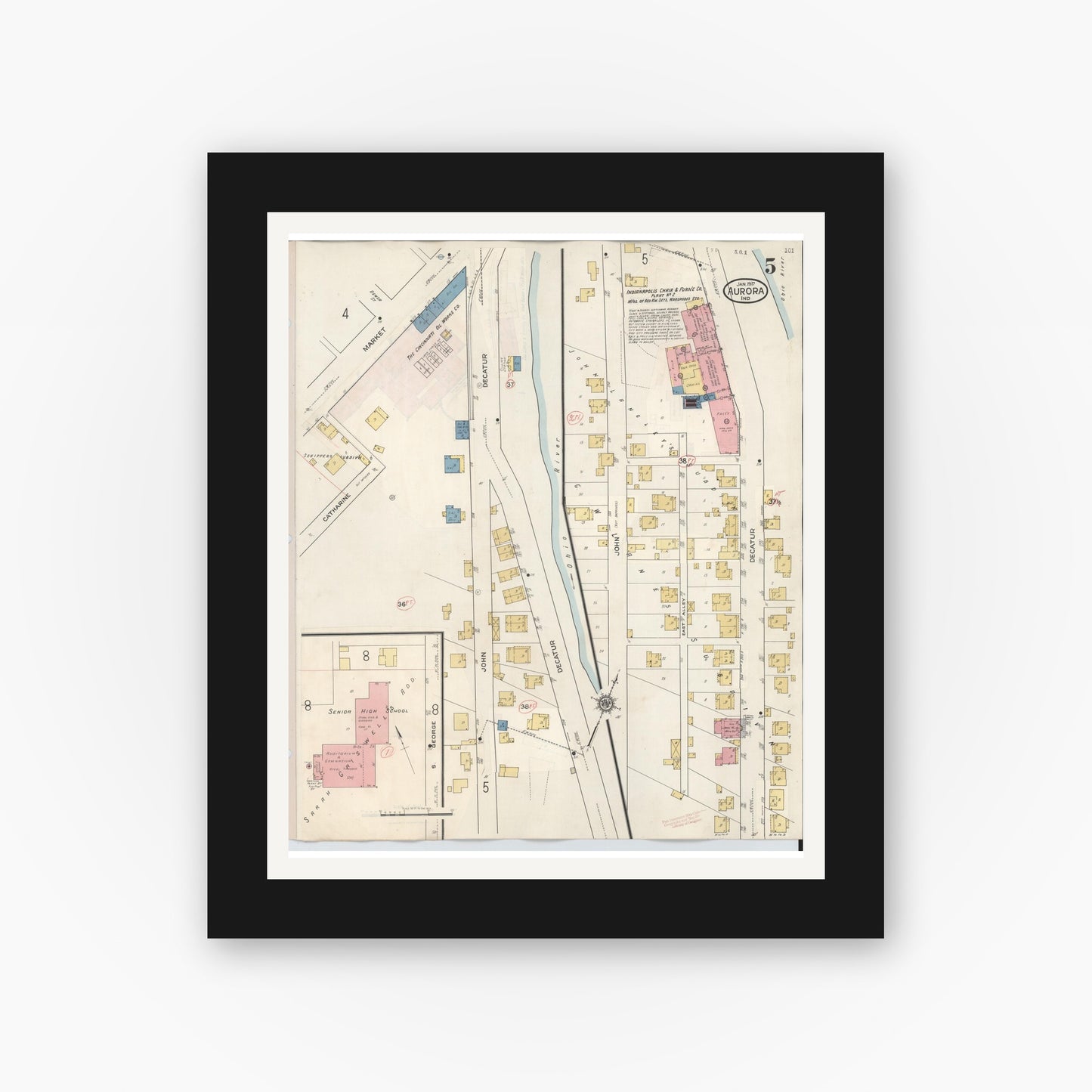 Old map wall art mockup — black gallery frame with white mat — Sanborn Fire Insurance Map from Aurora, Dearborn County, Indiana (1935), Sheet #0005