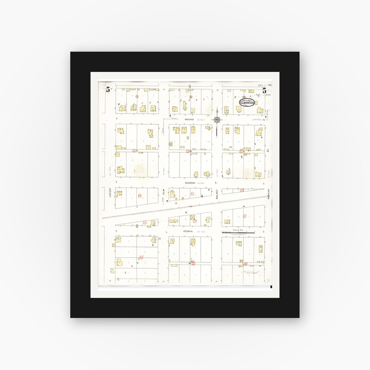 Old map wall art mockup — black gallery frame with white mat — Sanborn Fire Insurance Map from Elmwood, Peoria County, Illinois (1944), Sheet #0005