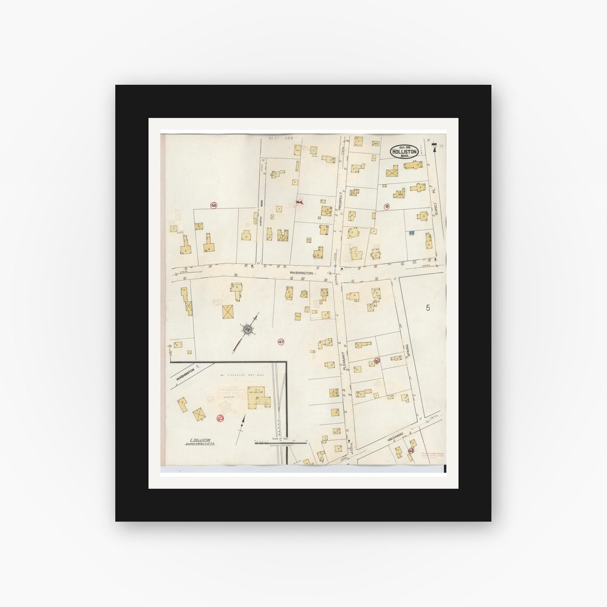 Old map wall art mockup — black gallery frame with white mat — Sanborn Fire Insurance Map from Holliston, Middlesex County, Massachusetts (1942), Sheet #0007