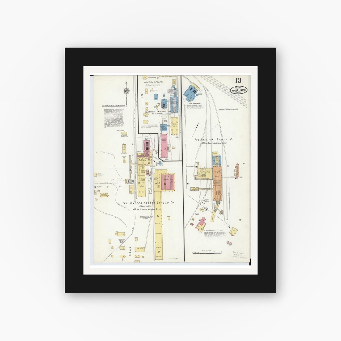 Old map wall art mockup — black gallery frame with white mat — Sanborn Fire Insurance Map from Port Clinton, Ottawa County, Ohio (1916), Sheet #0013
