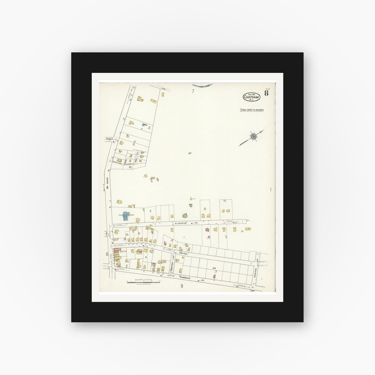 Old map wall art mockup — black gallery frame with white mat — Sanborn Fire Insurance Map from Chatham, Morris County, New Jersey (1921), Sheet #0008