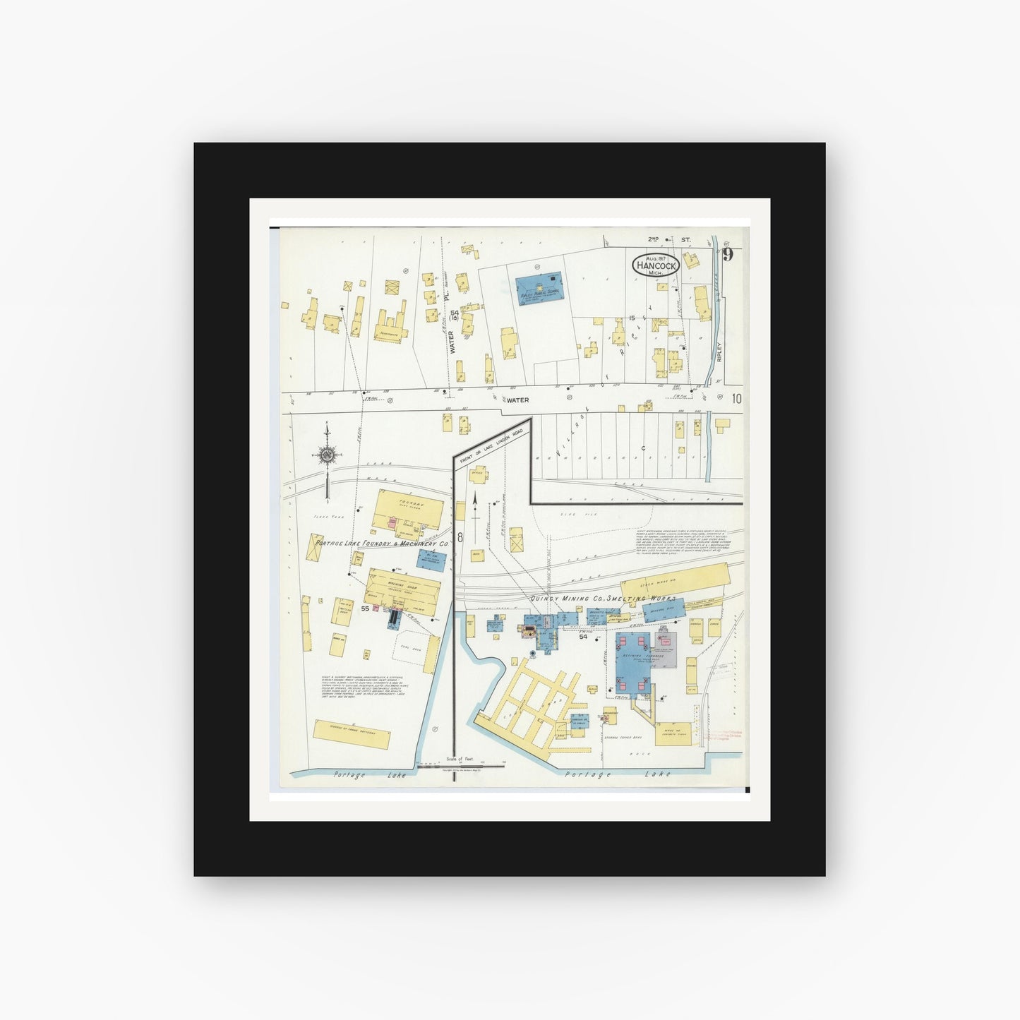 Old map wall art mockup — black gallery frame with white mat — Sanborn Fire Insurance Map from Hancock, Houghton County, Michigan (1917), Sheet #0009