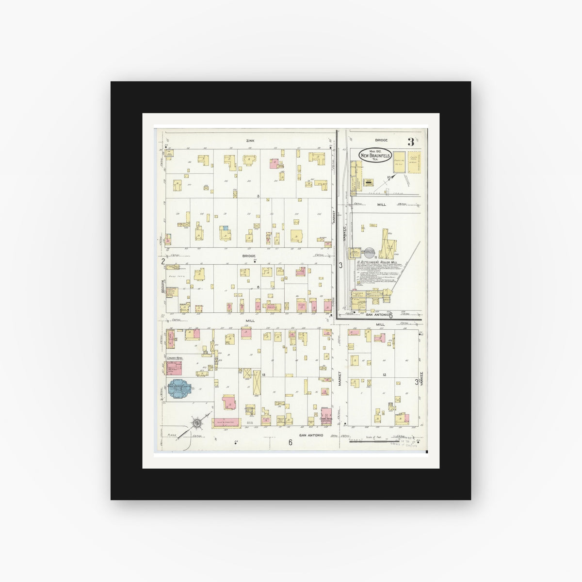 Old map wall art mockup — black gallery frame with white mat — Sanborn Fire Insurance Map from New Braunfels, Comal County, Texas (1912), Sheet #0003