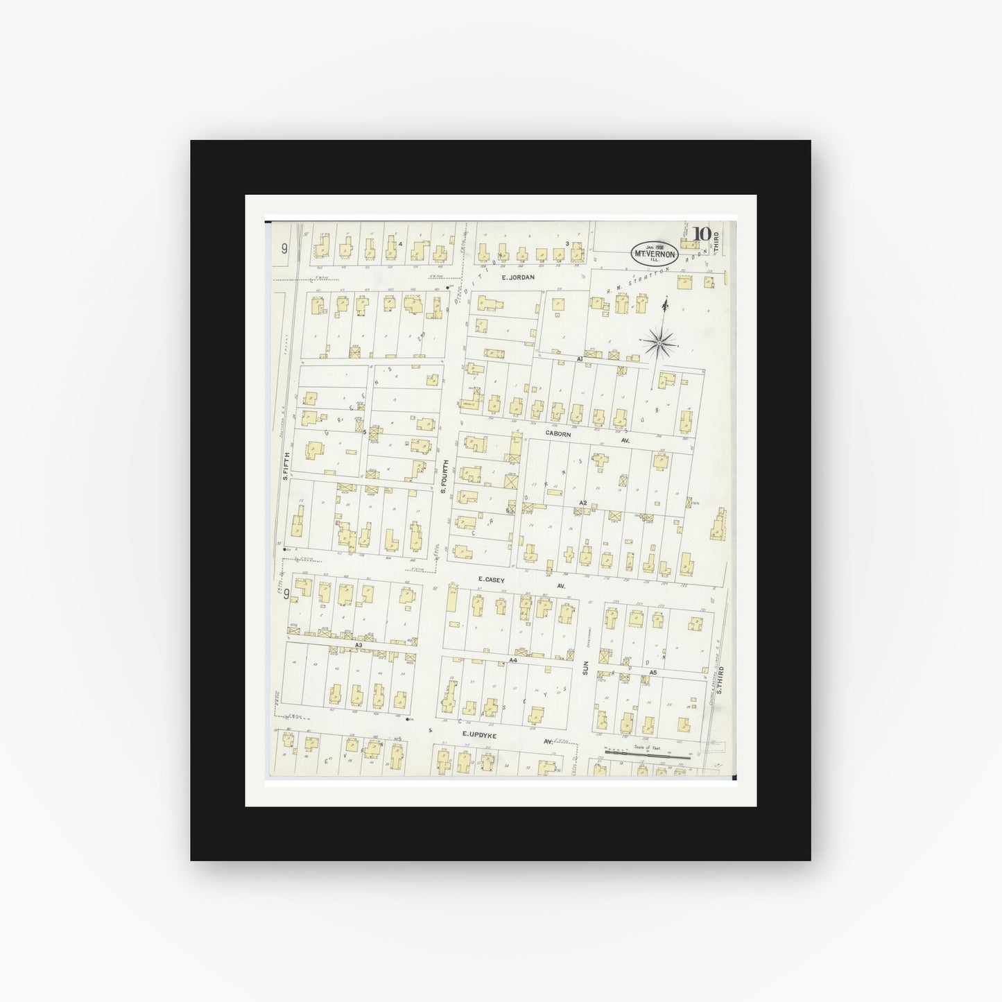 Old map wall art mockup — black gallery frame with white mat — Sanborn Fire Insurance Map from Mount Vernon, Jefferson County, Illinois (1908), Sheet #0010
