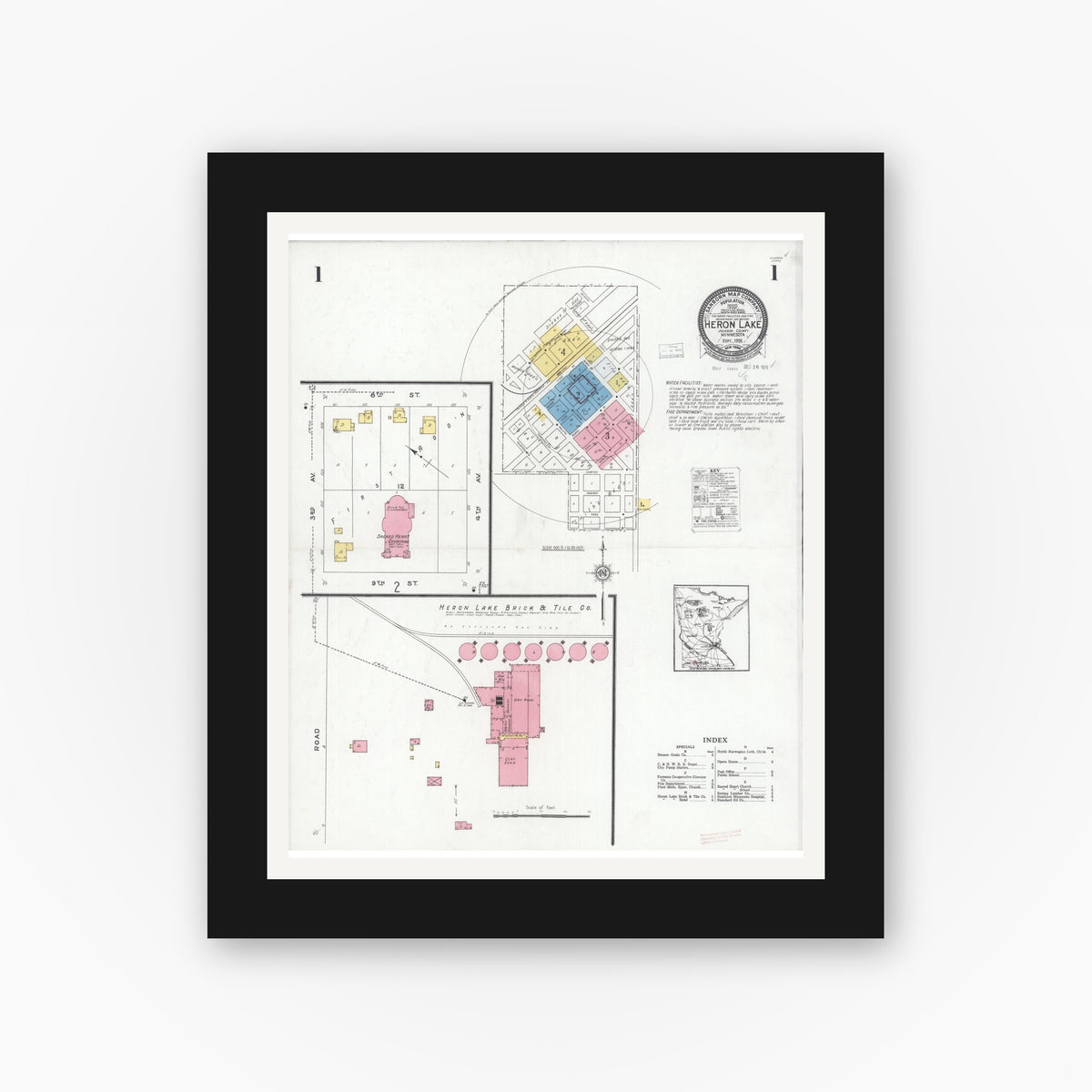 Old map wall art mockup — black gallery frame with white mat — Sanborn Fire Insurance Map from Heron Lake, Jackson County, Minnesota (1926) - Complete Map Set