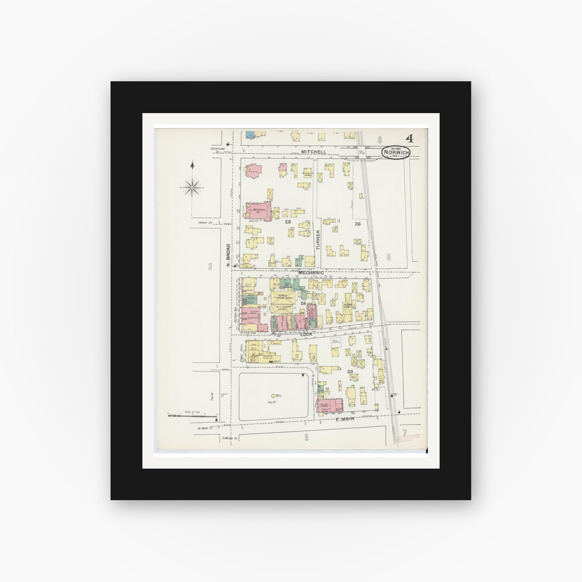 Old map wall art mockup — black gallery frame with white mat — Sanborn Fire Insurance Map from Norwich, Chenango County, New York (1892), Sheet #0004