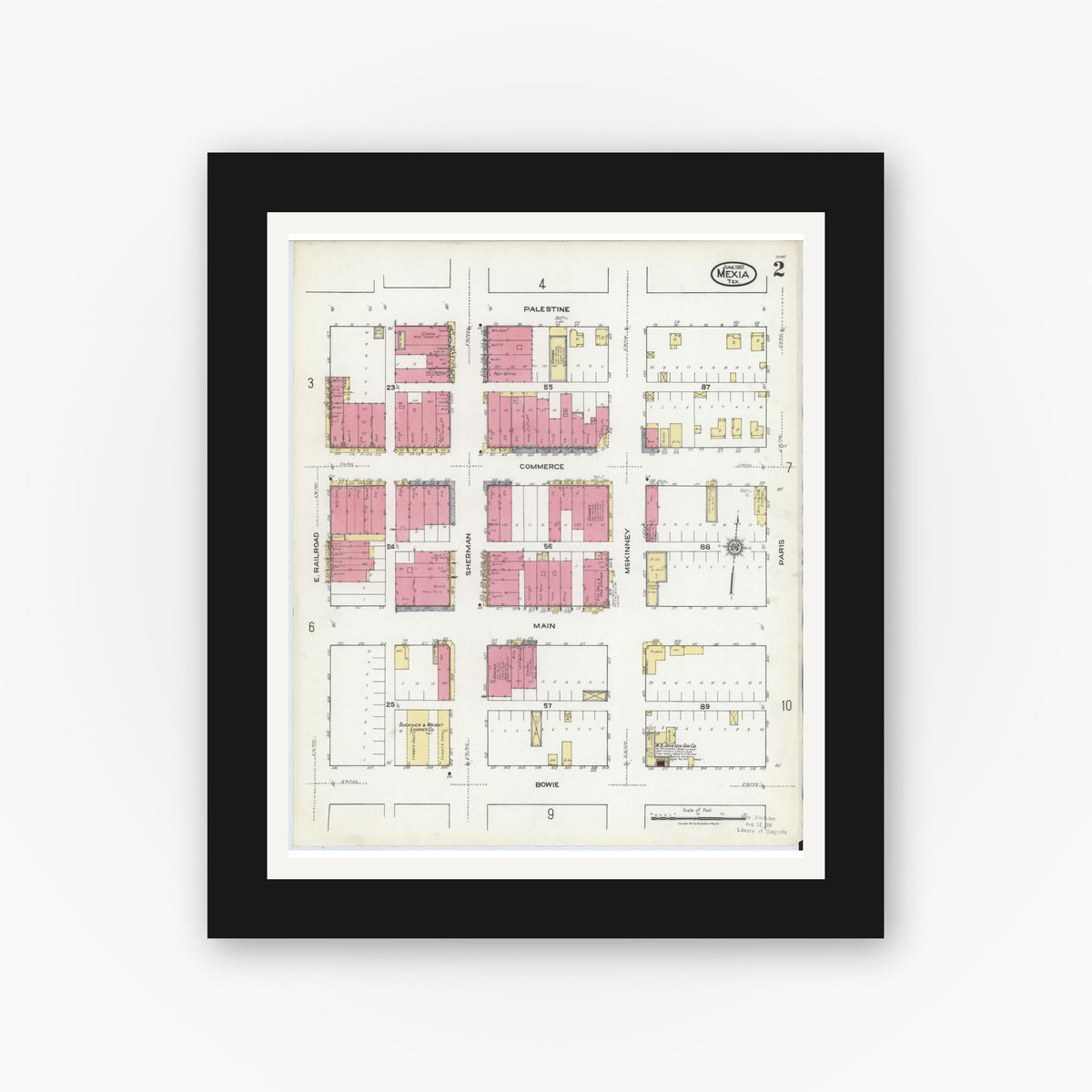 Old map wall art mockup — black gallery frame with white mat — Sanborn Fire Insurance Map from Mexia, Limestone County, Texas (1921), Sheet #0002