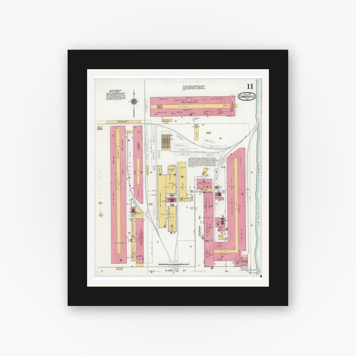 Old map wall art mockup — black gallery frame with white mat — Sanborn Fire Insurance Map from Connersville, Fayette County, Indiana (1919), Sheet #0011