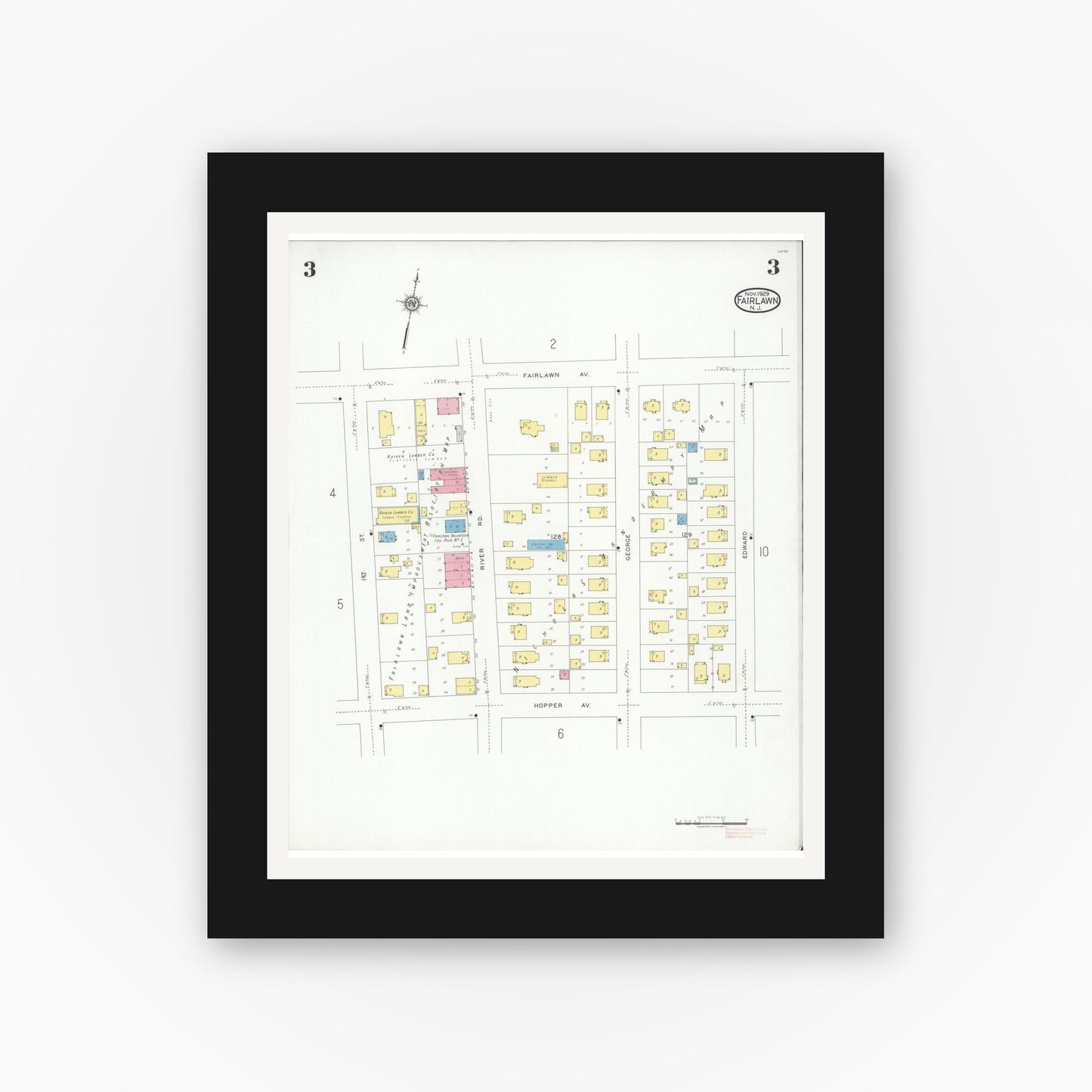 Old map wall art mockup — black gallery frame with white mat — Sanborn Fire Insurance Map from Fair Lawn, Bergen County, New Jersey (1929), Sheet #0003