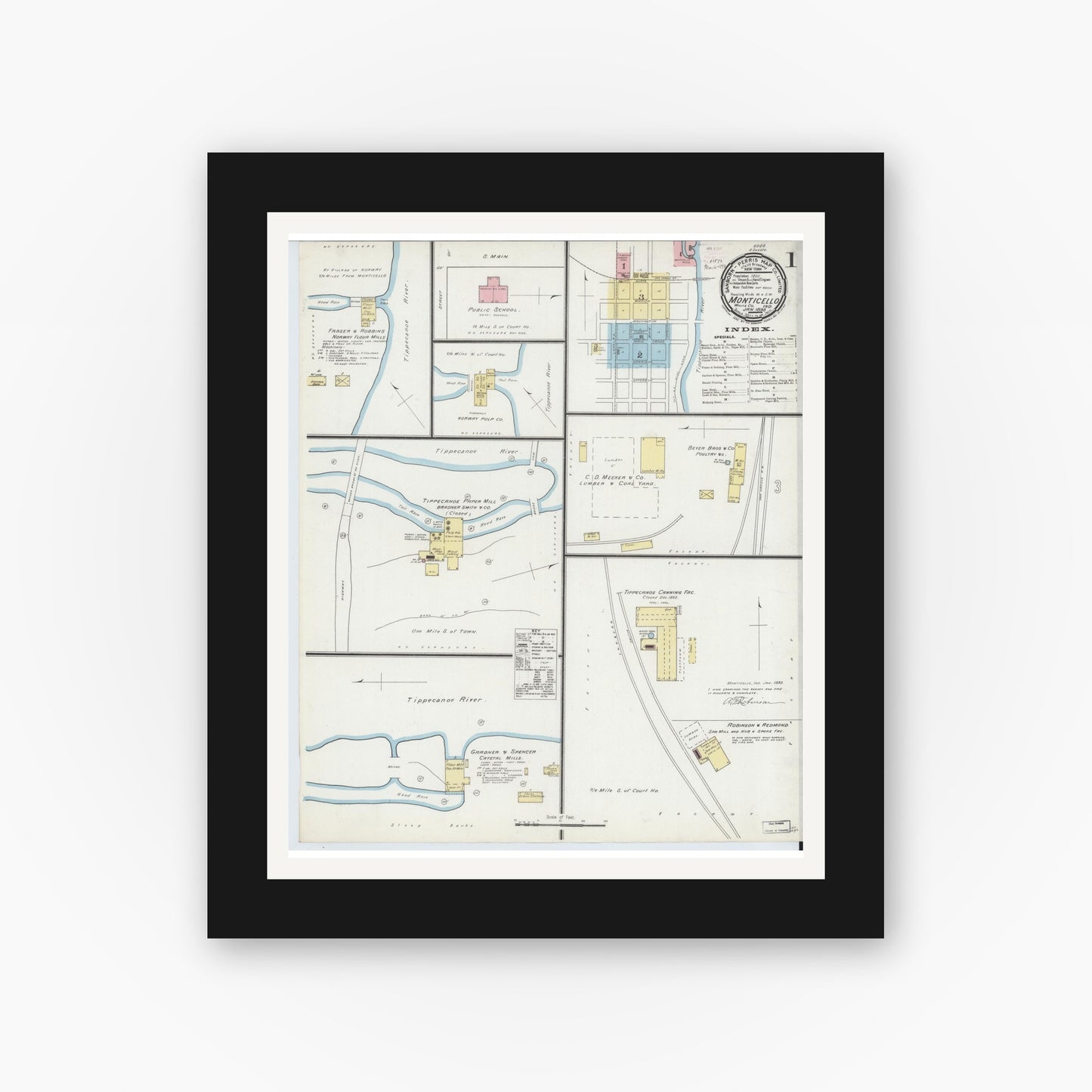 Old map wall art mockup — black gallery frame with white mat — Sanborn Fire Insurance Map from Monticello, White County, Indiana (1893) - Complete Map Set