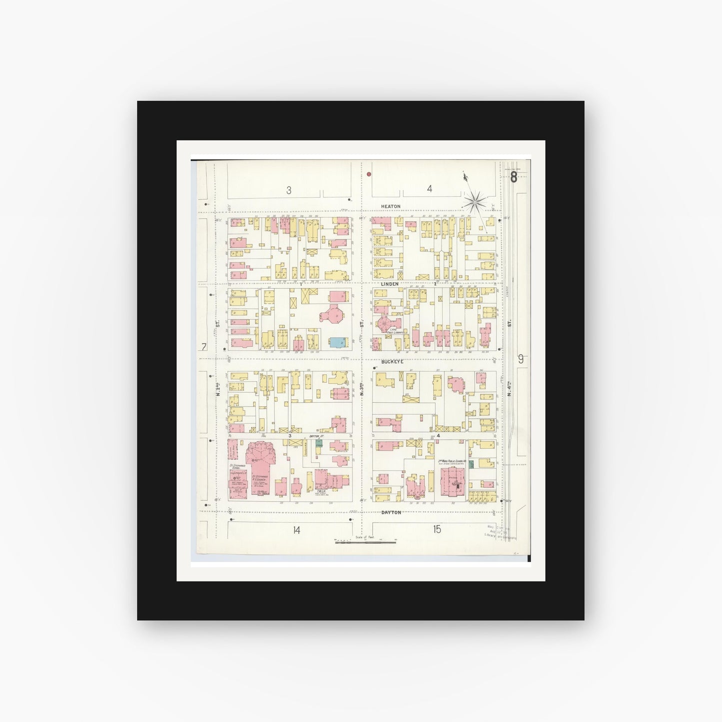 Old map wall art mockup — black gallery frame with white mat — Sanborn Fire Insurance Map from Hamilton, Butler County, Ohio (1899), Sheet #0008