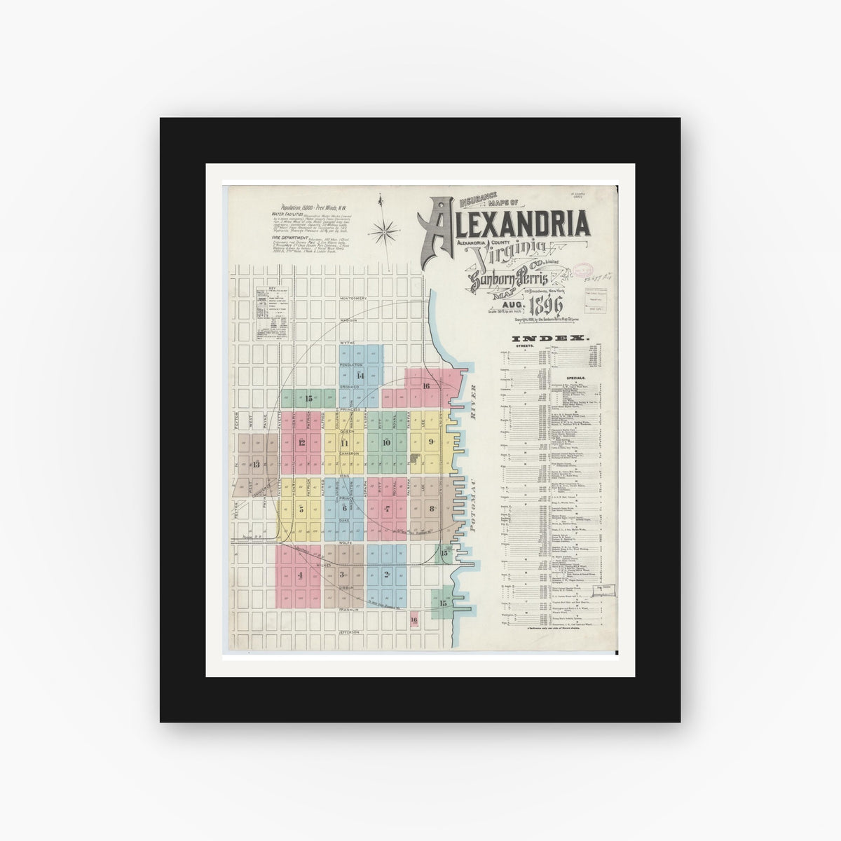Old map wall art mockup — black gallery frame with white mat — Sanborn Fire Insurance Map from Alexandria, Independent Cities, Virginia (1891) - Complete Map Set