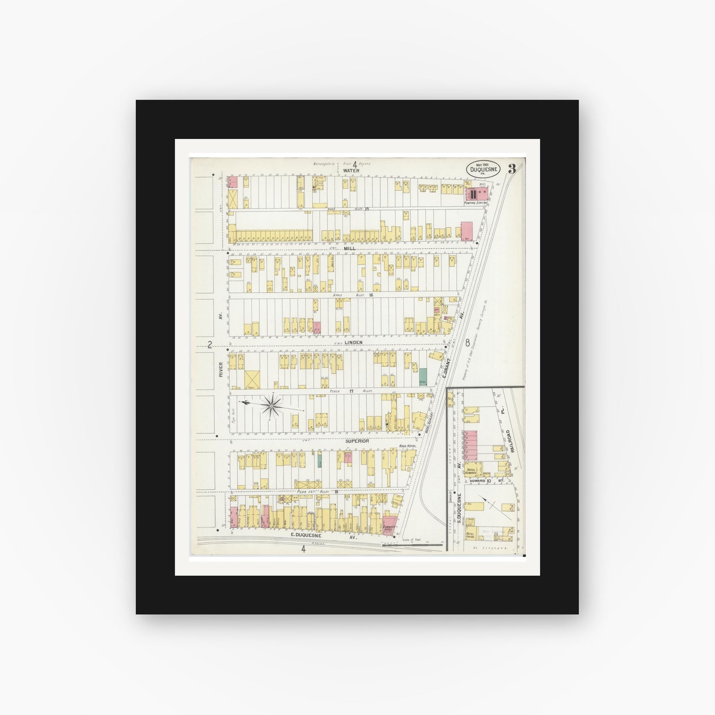 Old map wall art mockup — black gallery frame with white mat — Sanborn Fire Insurance Map from Duquesne, Allegheny County, Pennsylvania (1901), Sheet #0003