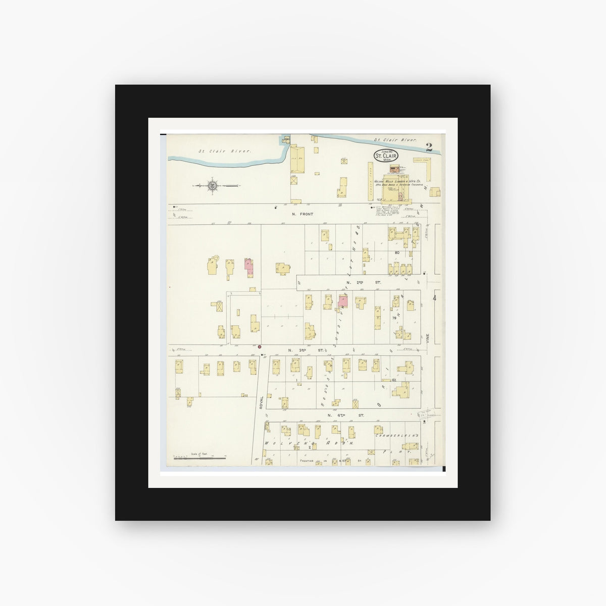 Old map wall art mockup — black gallery frame with white mat — Sanborn Fire Insurance Map from Saint Clair, Saint Clair County, Michigan (1913), Sheet #0002