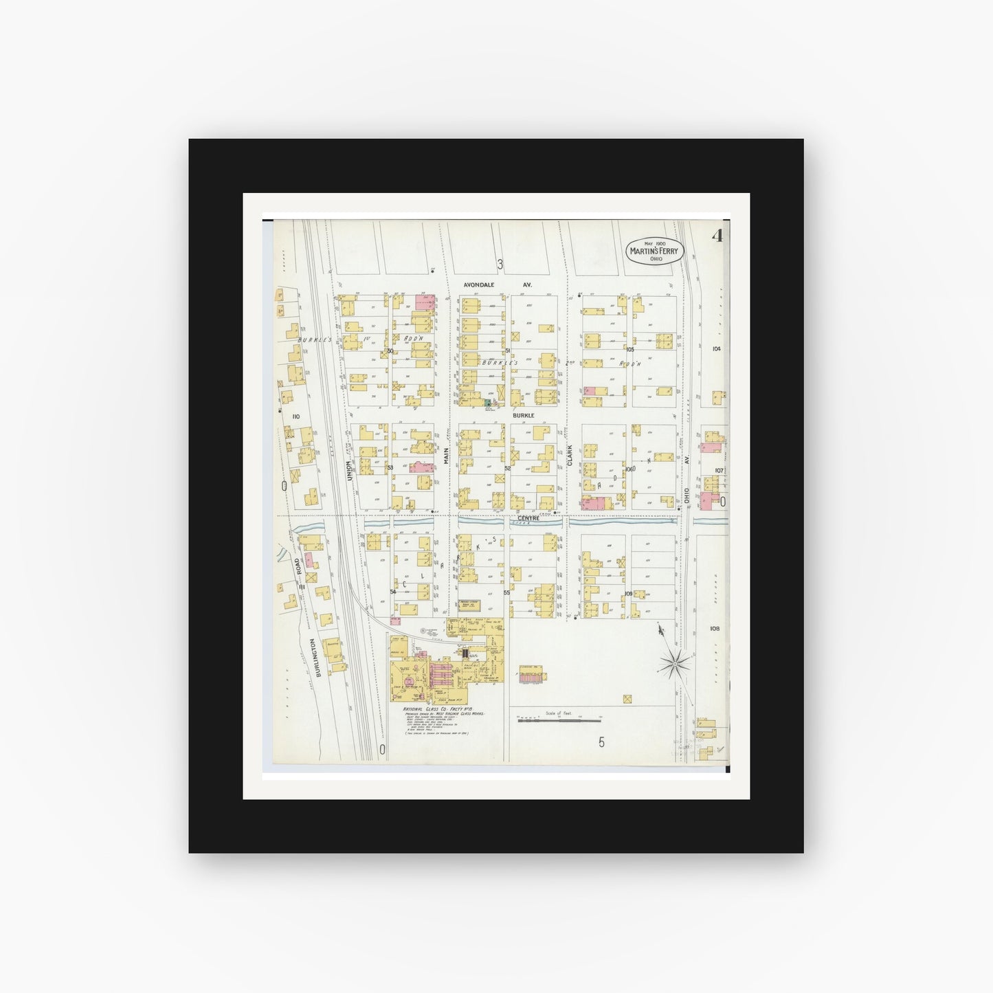 Old map wall art mockup — black gallery frame with white mat — Sanborn Fire Insurance Map from Martins Ferry, Belmont County, Ohio (1900), Sheet #0004