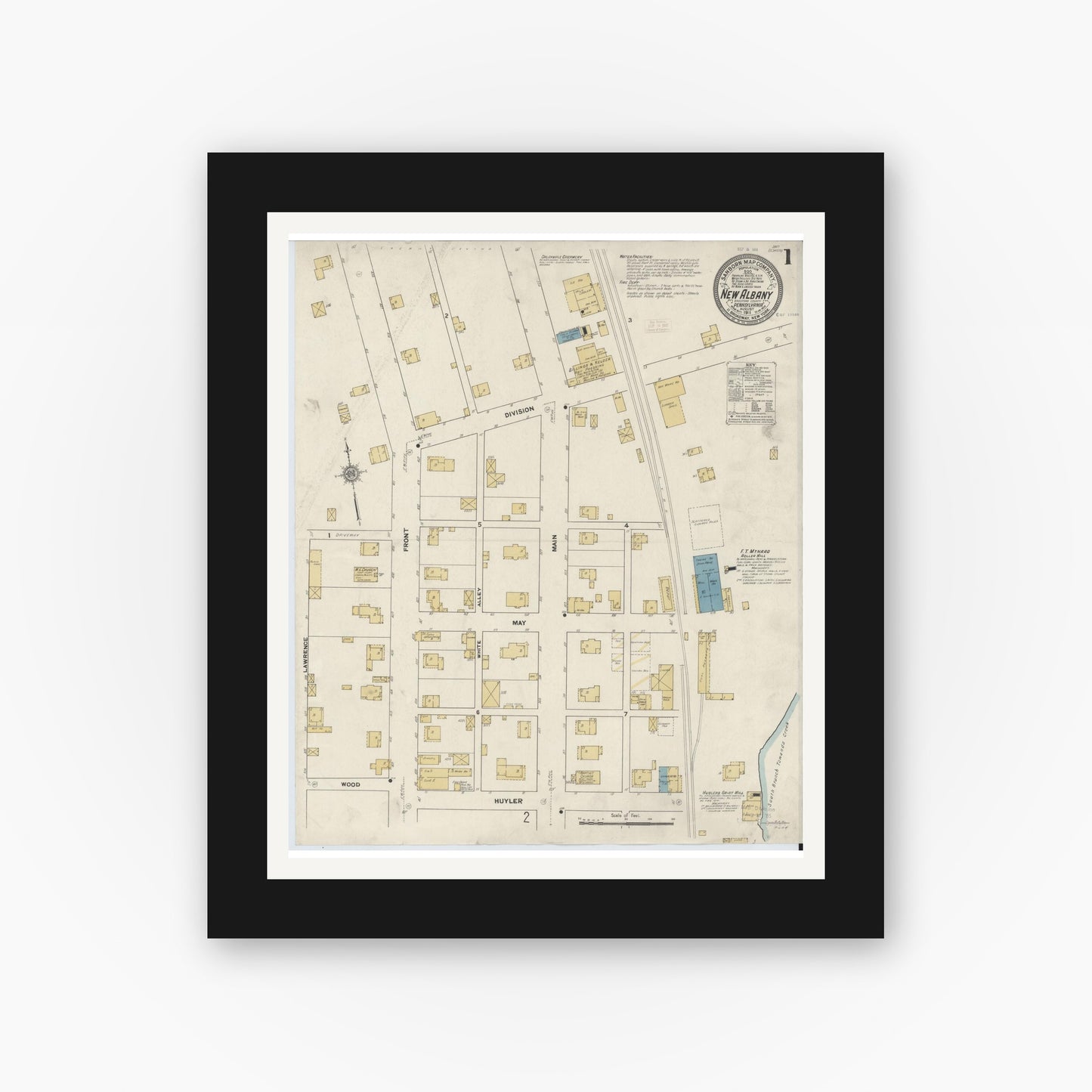 Old map wall art mockup — black gallery frame with white mat — Sanborn Fire Insurance Map from New Albany, Bradford County, Pennsylvania (1911), Sheet #0001
