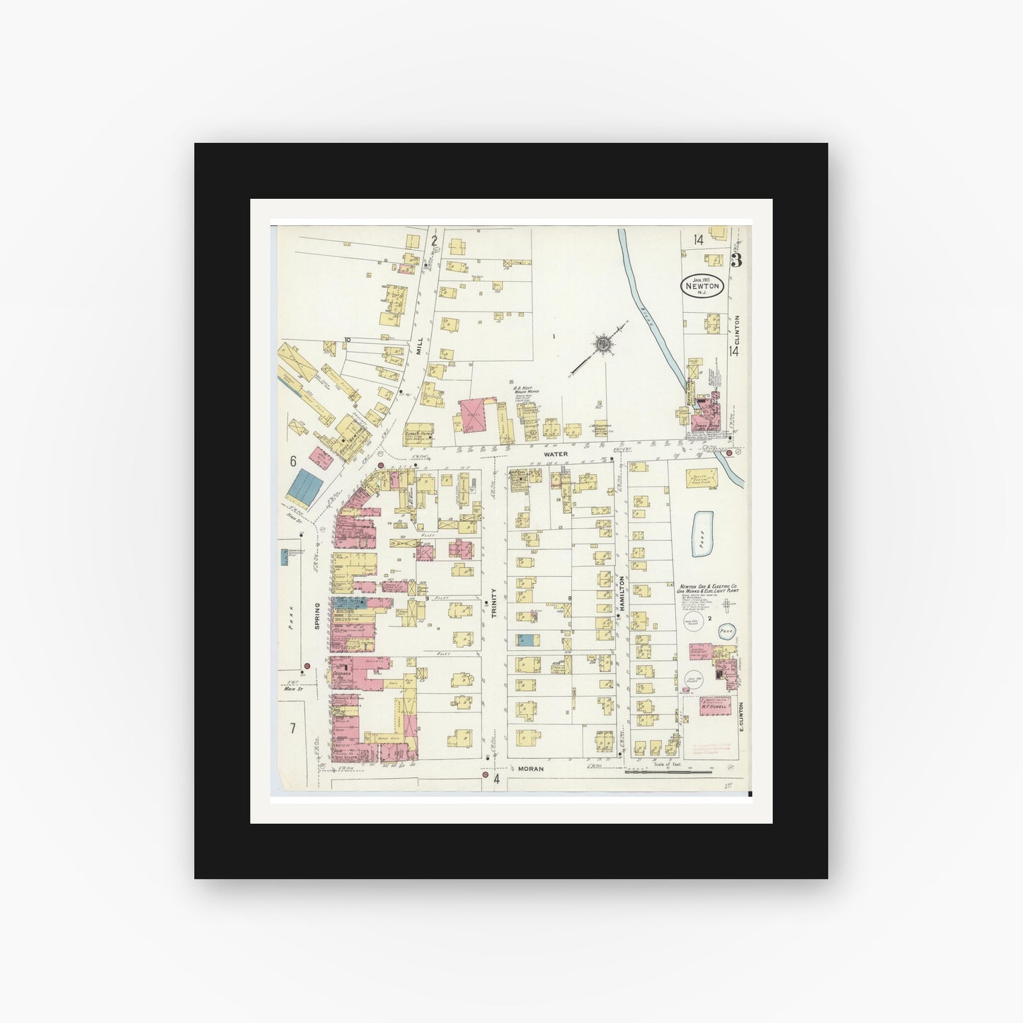 Old map wall art mockup — black gallery frame with white mat — Sanborn Fire Insurance Map from Newton, Sussex County, New Jersey (1911), Sheet #0003