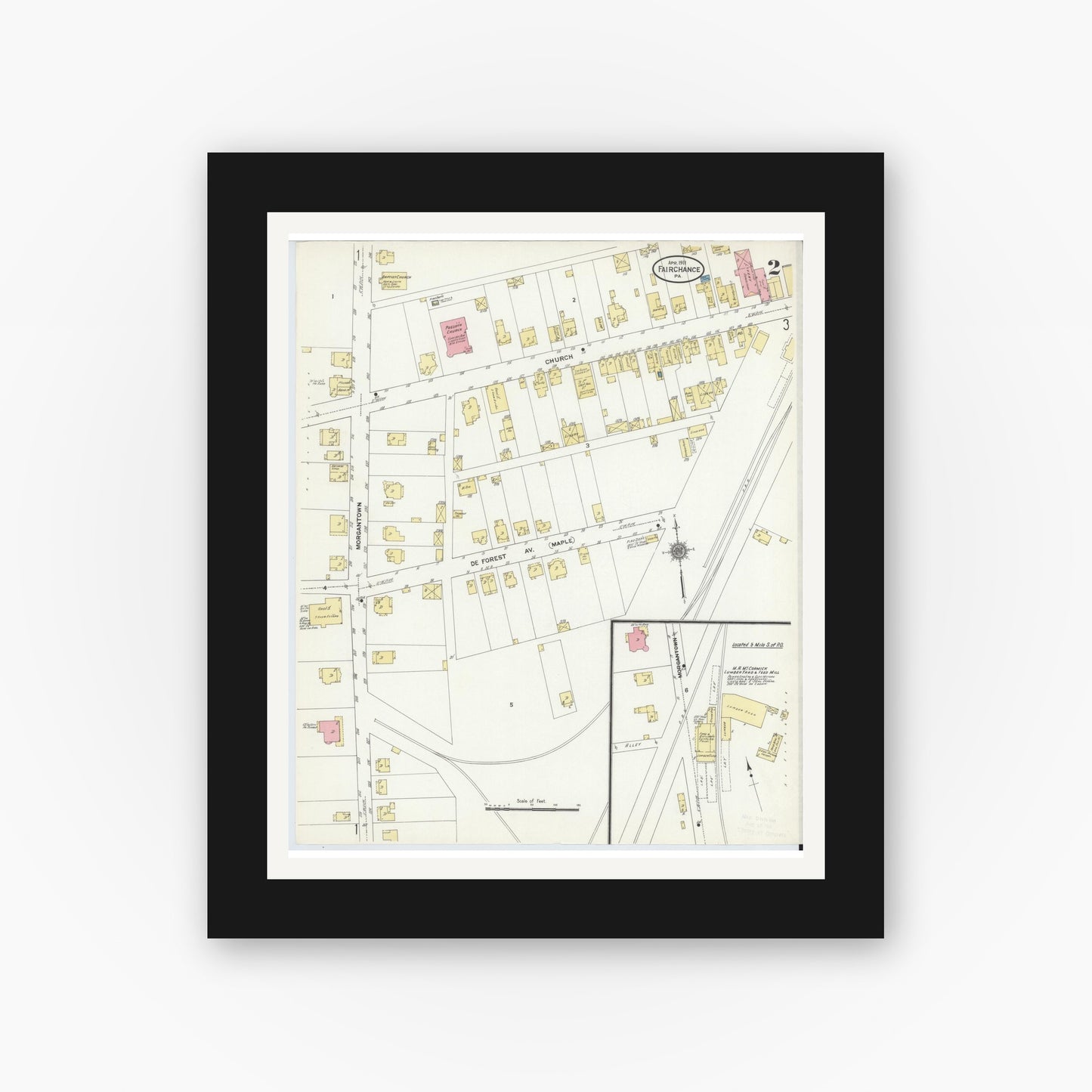 Old map wall art mockup — black gallery frame with white mat — Sanborn Fire Insurance Map from Fairchange, Fayette County, Pennsylvania (1911), Sheet #0002