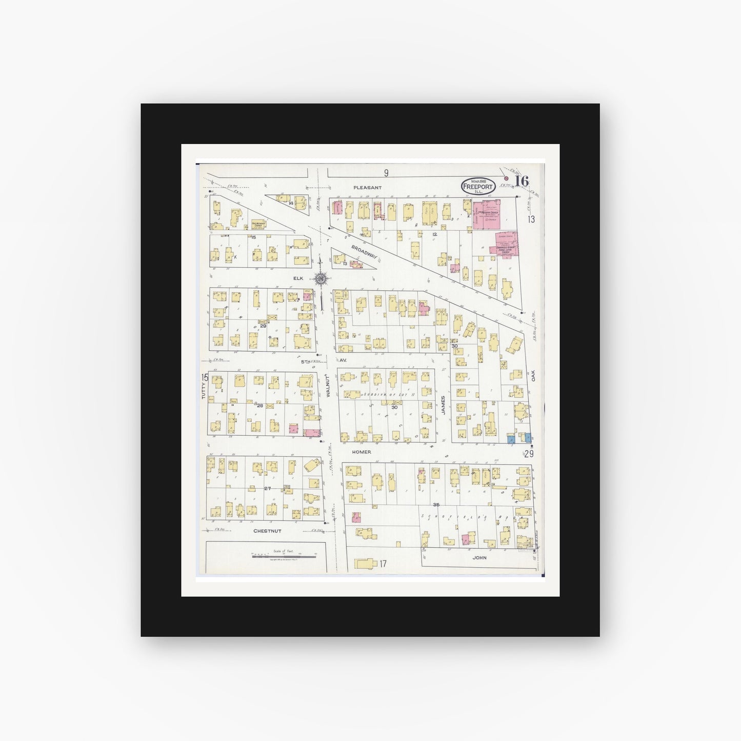 Old map wall art mockup — black gallery frame with white mat — Sanborn Fire Insurance Map from Freeport, Stephenson County, Illinois (1918), Sheet #0016
