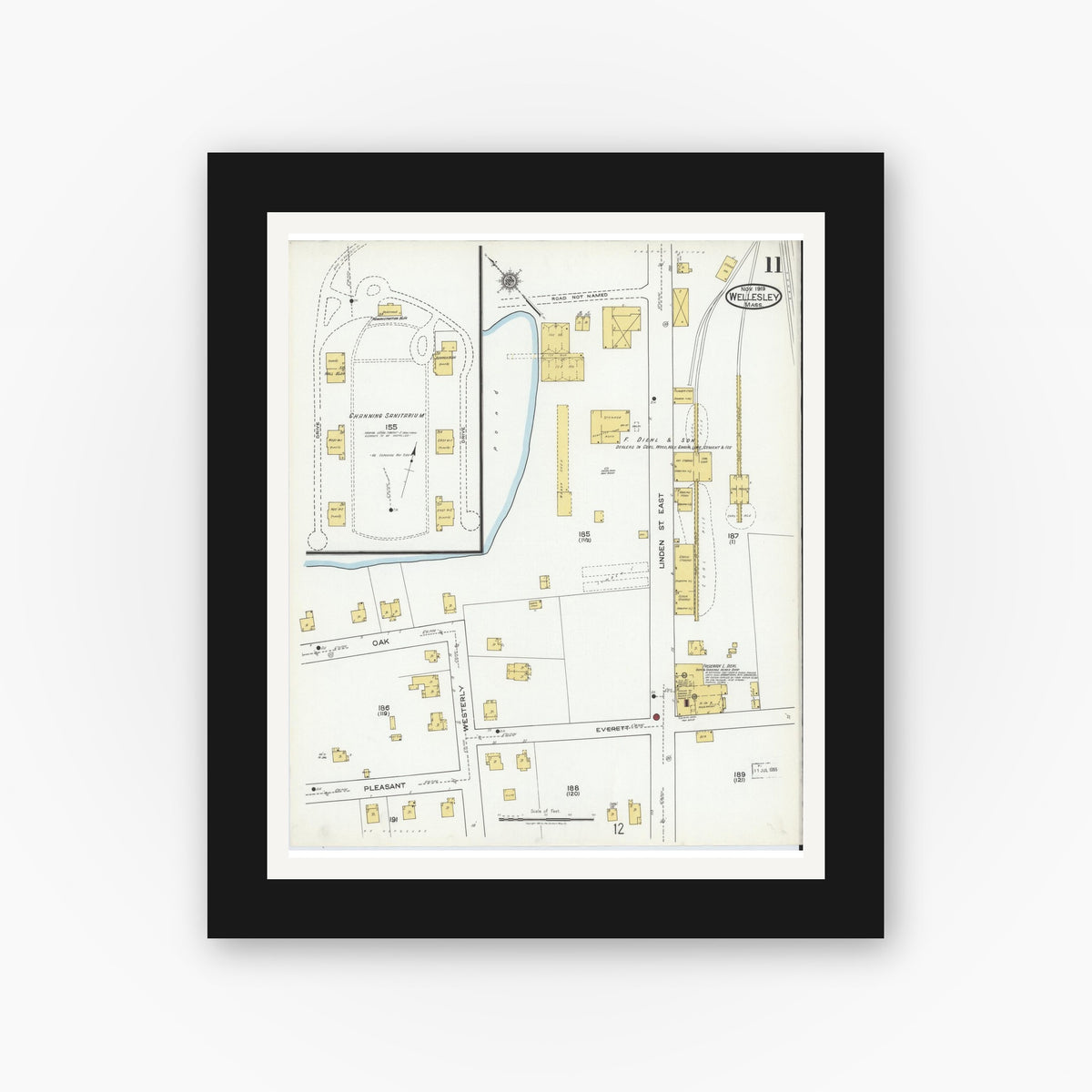 Old map wall art mockup — black gallery frame with white mat — Sanborn Fire Insurance Map from Wellesley, Norfolk County, Massachusetts (1919), Sheet #0011