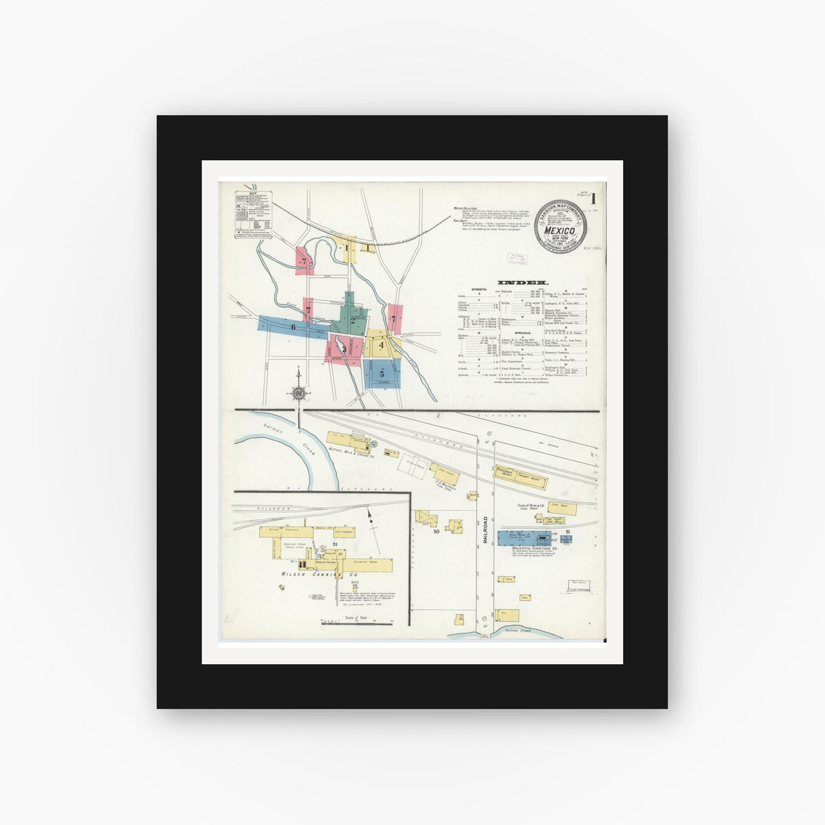 Old map wall art mockup — black gallery frame with white mat — Sanborn Fire Insurance Map from Mexico, Oswego County, New York (1911) - Complete Map Set