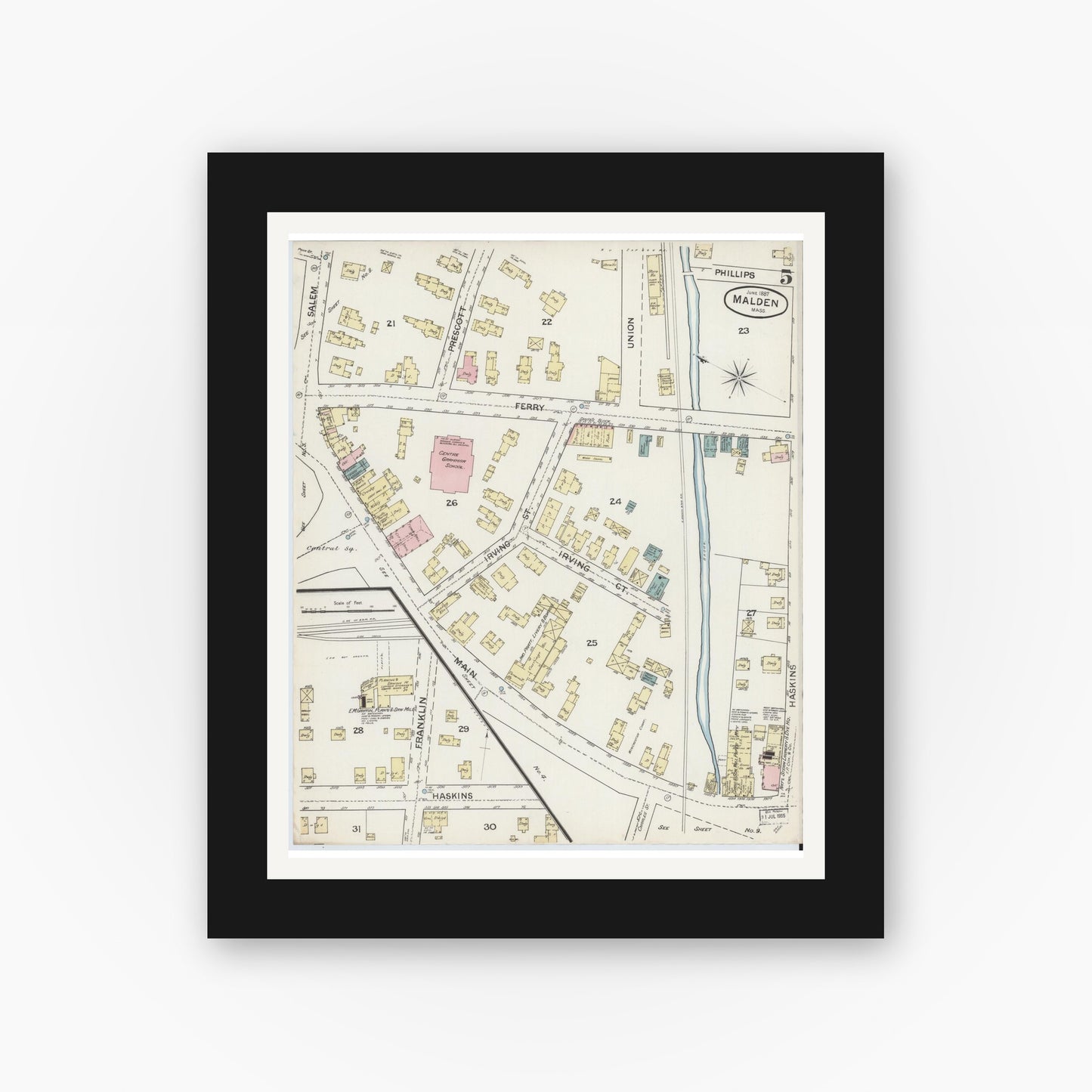 Old map wall art mockup — black gallery frame with white mat — Sanborn Fire Insurance Map from Malden, Middlesex County, Massachusetts (1887), Sheet #0005