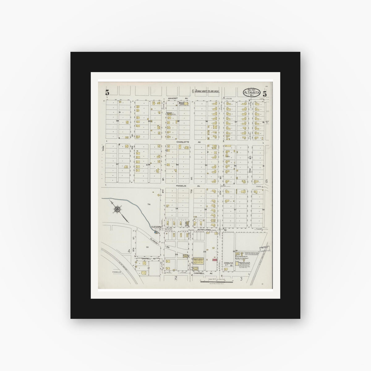 Old map wall art mockup — black gallery frame with white mat — Sanborn Fire Insurance Map from Altavista, Campbell County, Virginia (1925), Sheet #0005