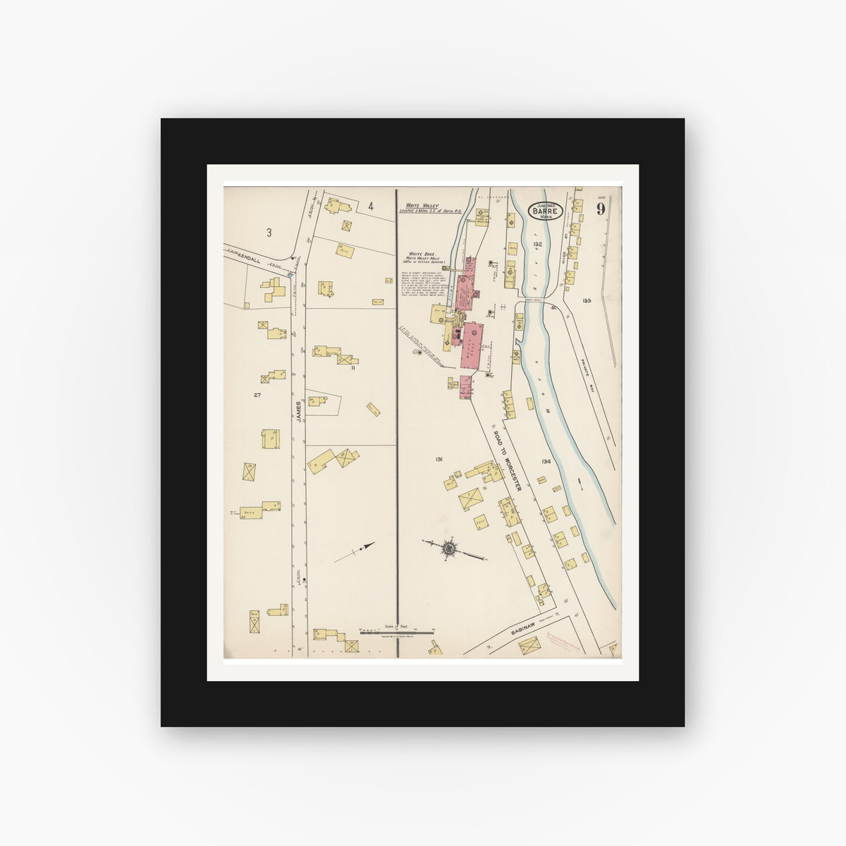 Old map wall art mockup — black gallery frame with white mat — Sanborn Fire Insurance Map from Barre, Worcester County, Massachusetts (1922), Sheet #0009