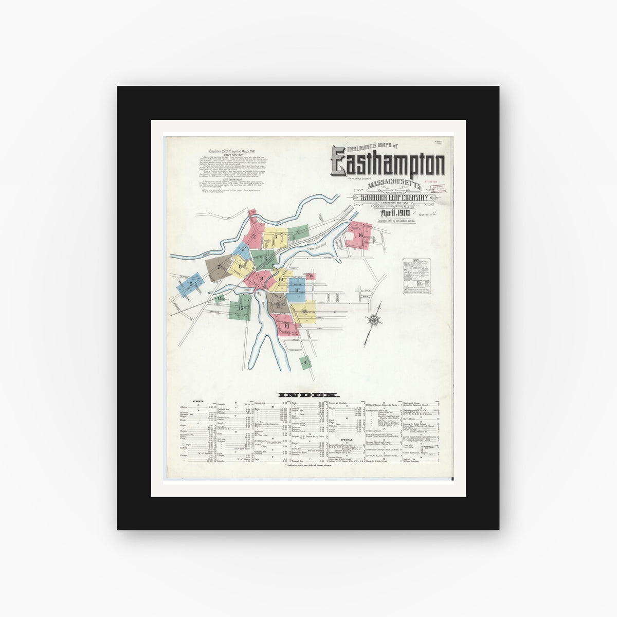 Old map wall art mockup — black gallery frame with white mat — Sanborn Fire Insurance Map from East Hampton, Hampshire County, Massachusetts (1910), Sheet #0001
