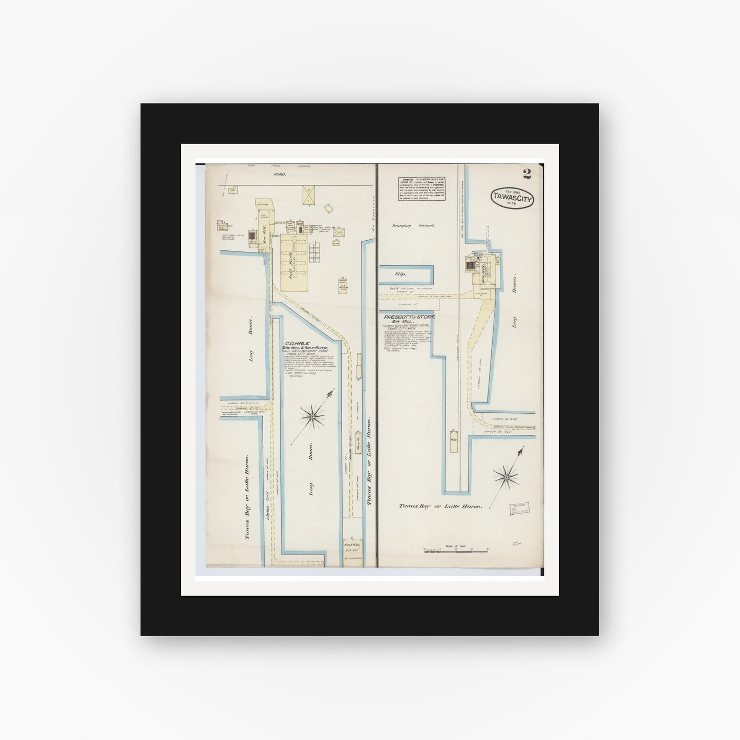 Old map wall art mockup — black gallery frame with white mat — Sanborn Fire Insurance Map from Tawas City, Iosco County, Michigan (1884), Sheet #0002