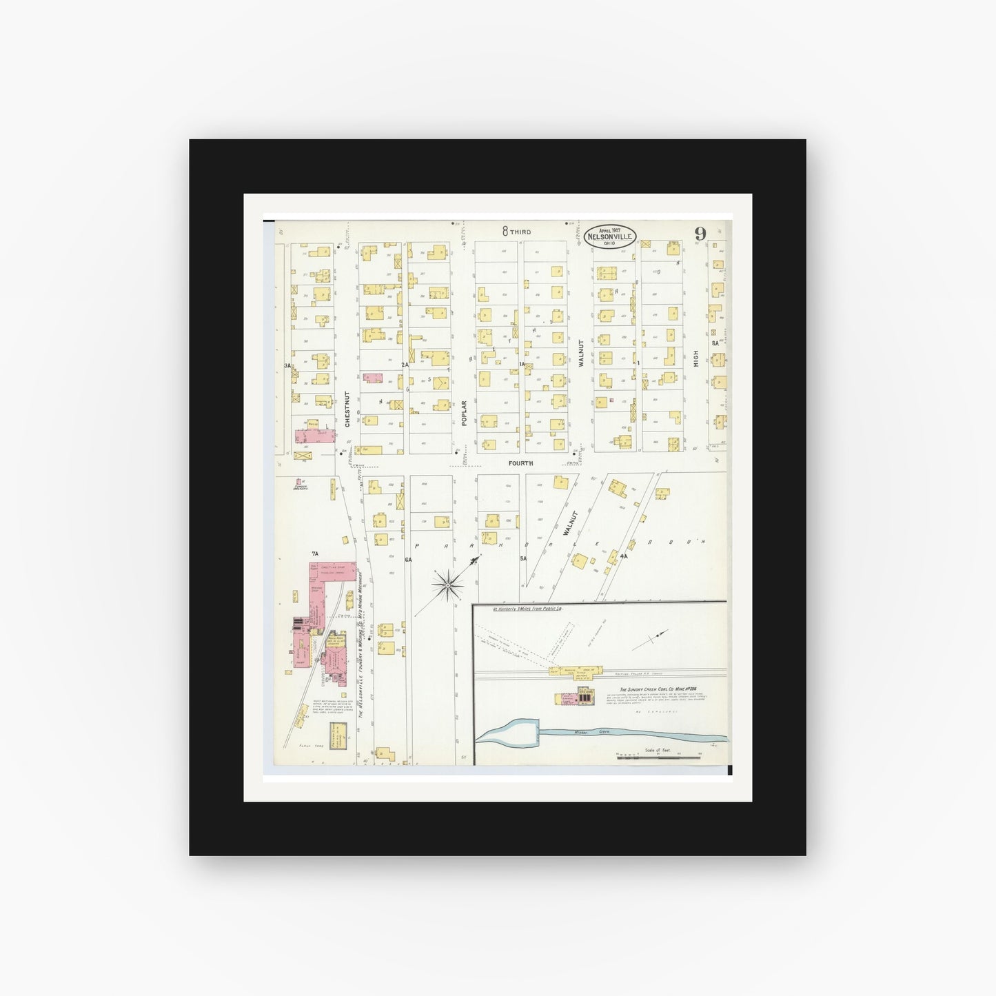 Old map wall art mockup — black gallery frame with white mat — Sanborn Fire Insurance Map from Nelsonville, Athens County, Ohio (1907), Sheet #0009