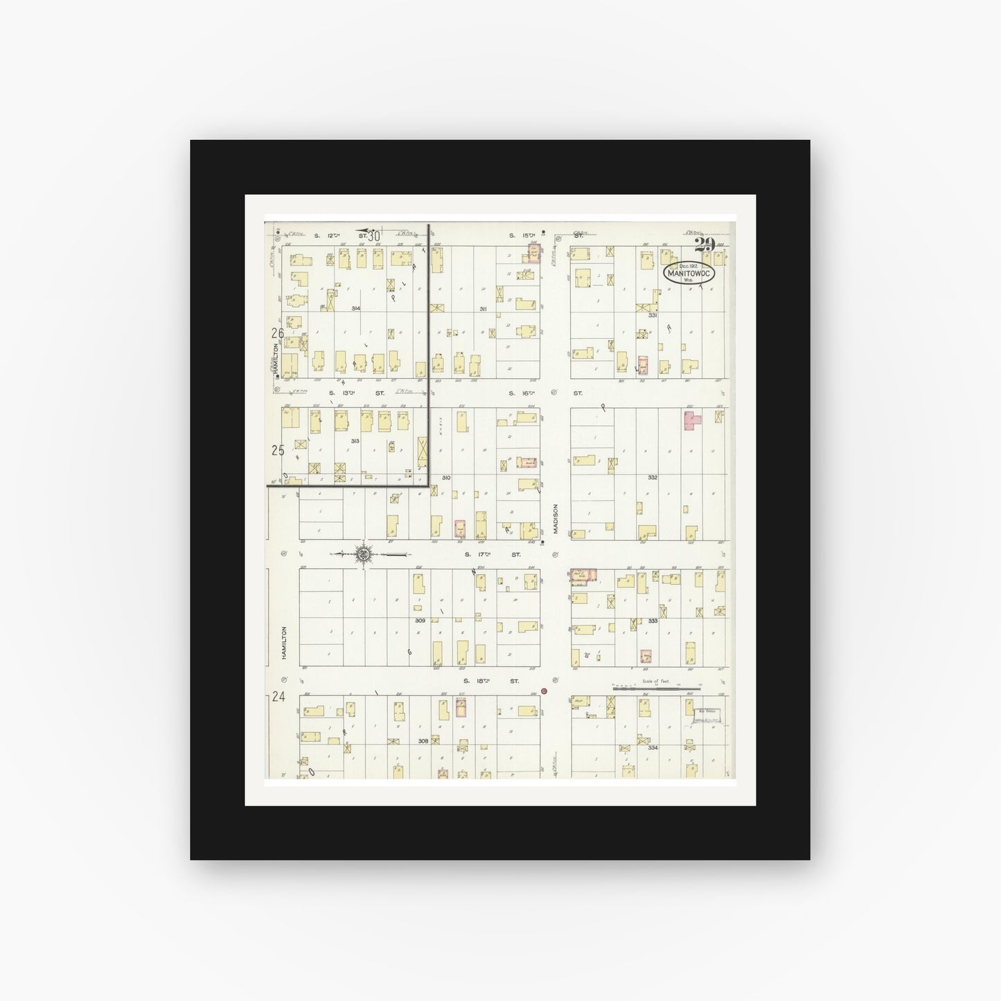 Old map wall art mockup — black gallery frame with white mat — Sanborn Fire Insurance Map from Manitowoc, Manitowoc County, Wisconsin (1912), Sheet #0029