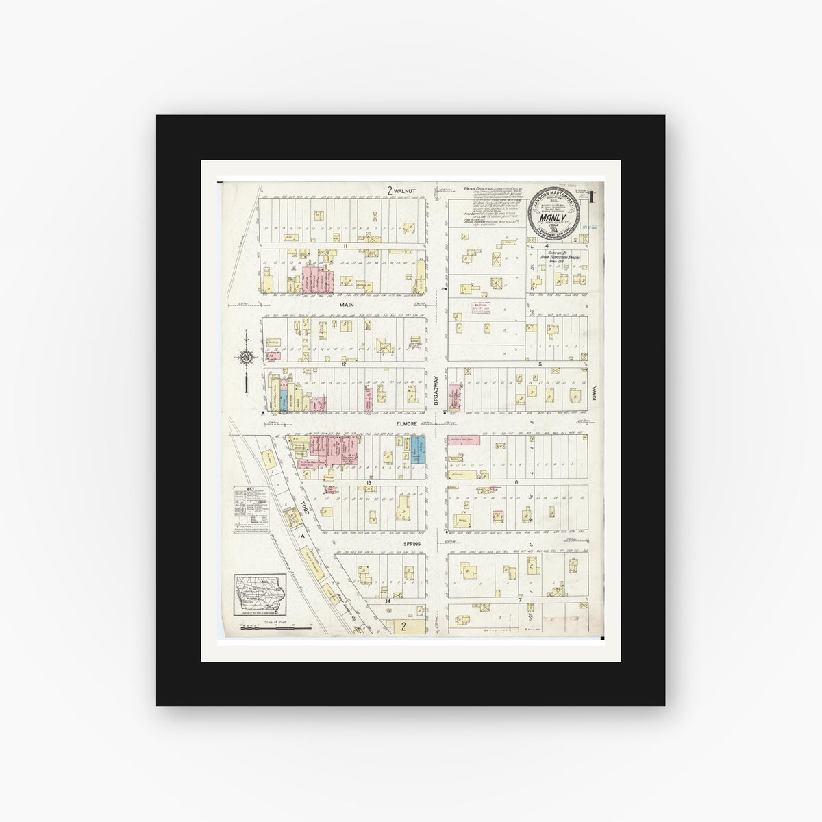 Old map wall art mockup — black gallery frame with white mat — Sanborn Fire Insurance Map from Manly, Worth County, Iowa (1914) — Complete Set