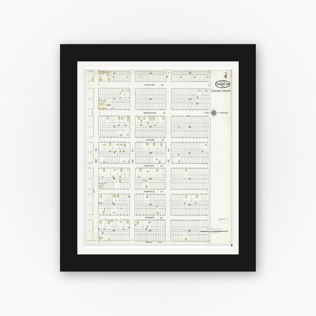 Old map wall art mockup — black gallery frame with white mat — Sanborn Fire Insurance Map from Crosbyton, Crosby County, Texas (1921), Sheet #0004