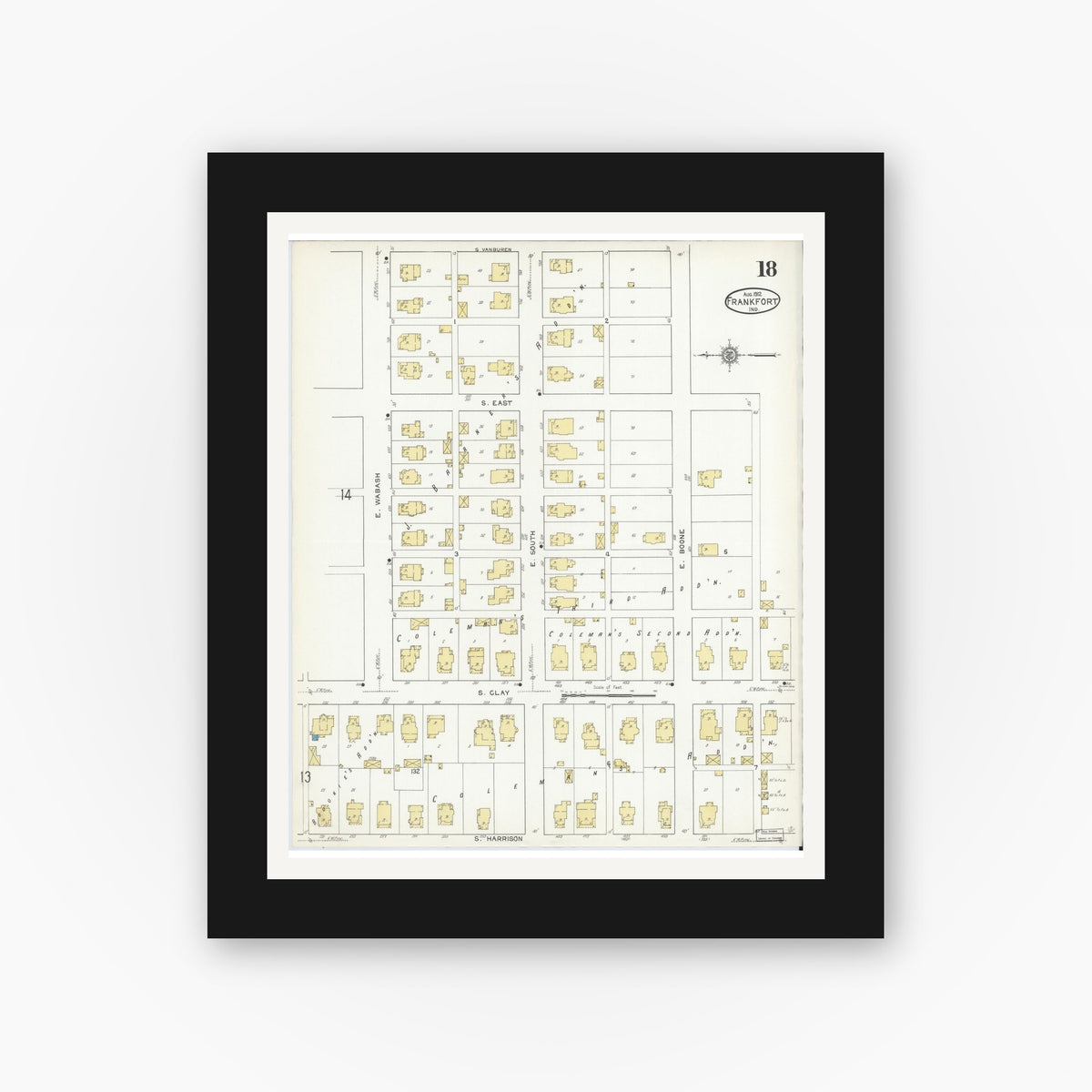 Old map wall art mockup — black gallery frame with white mat — Sanborn Fire Insurance Map from Frankfort, Clinton County, Indiana (1912), Sheet #0018
