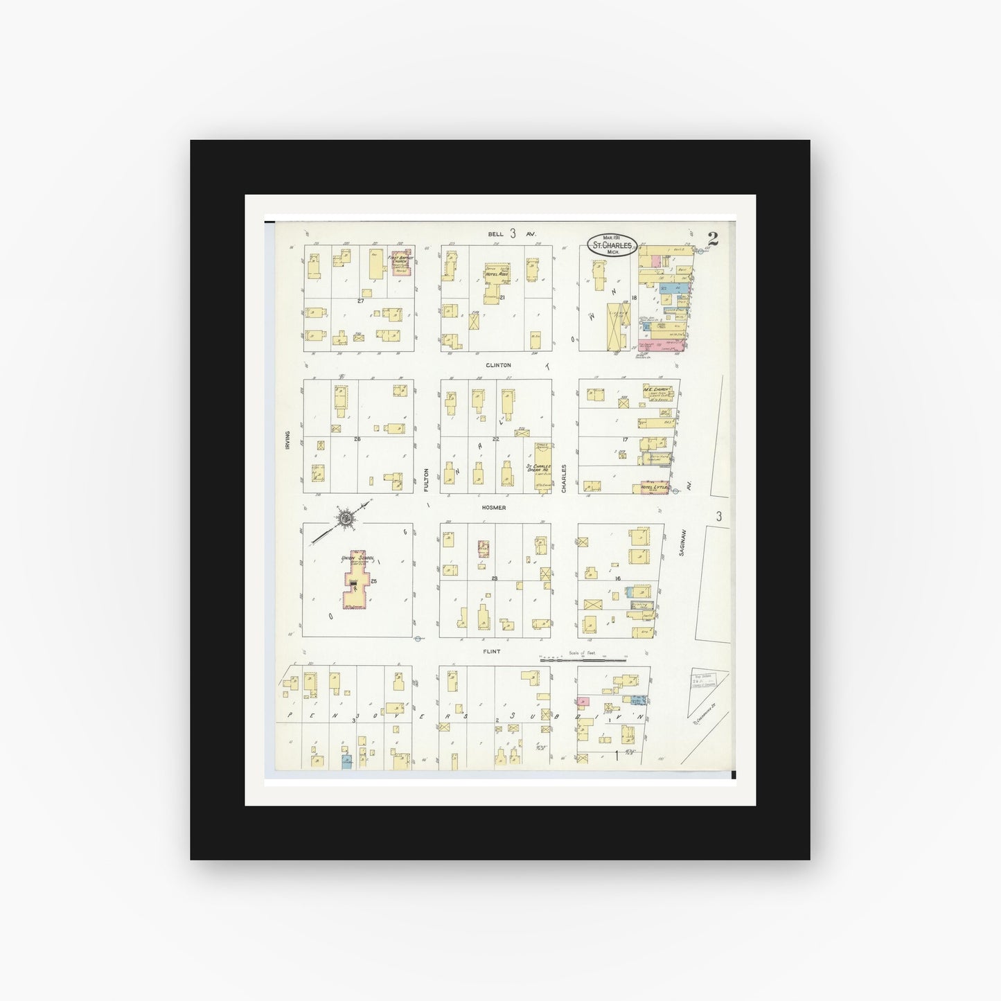 Old map wall art mockup — black gallery frame with white mat — Sanborn Fire Insurance Map from Saint Charles, Saginaw County, Michigan (1911), Sheet #0002