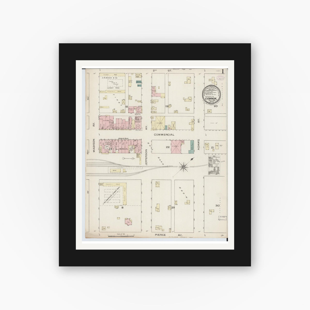 Old map wall art mockup — black gallery frame with white mat — Sanborn Fire Insurance Map from Lebanon, Laclede County, Missouri (1886) - Complete Map Set