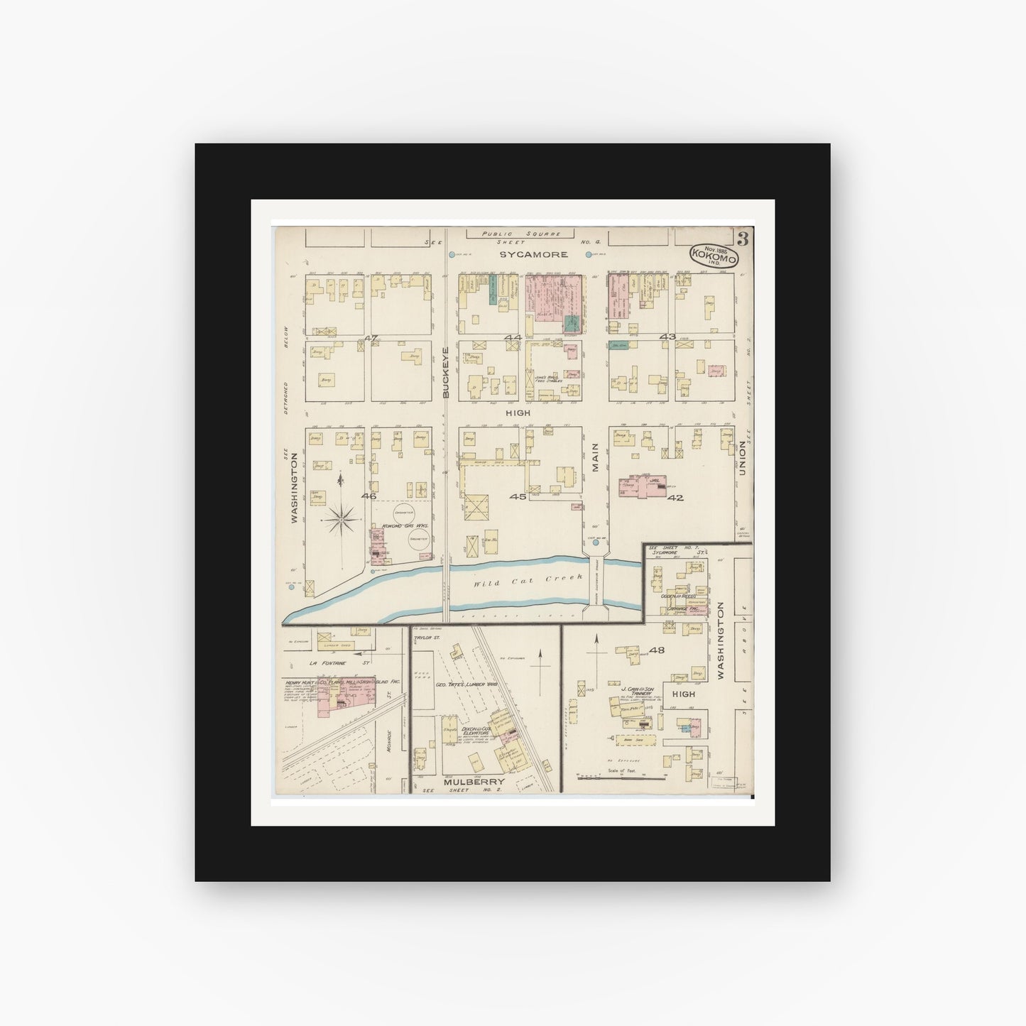 Old map wall art mockup — black gallery frame with white mat — Sanborn Fire Insurance Map from Kokomo, Howard County, Indiana (1885), Sheet #0003
