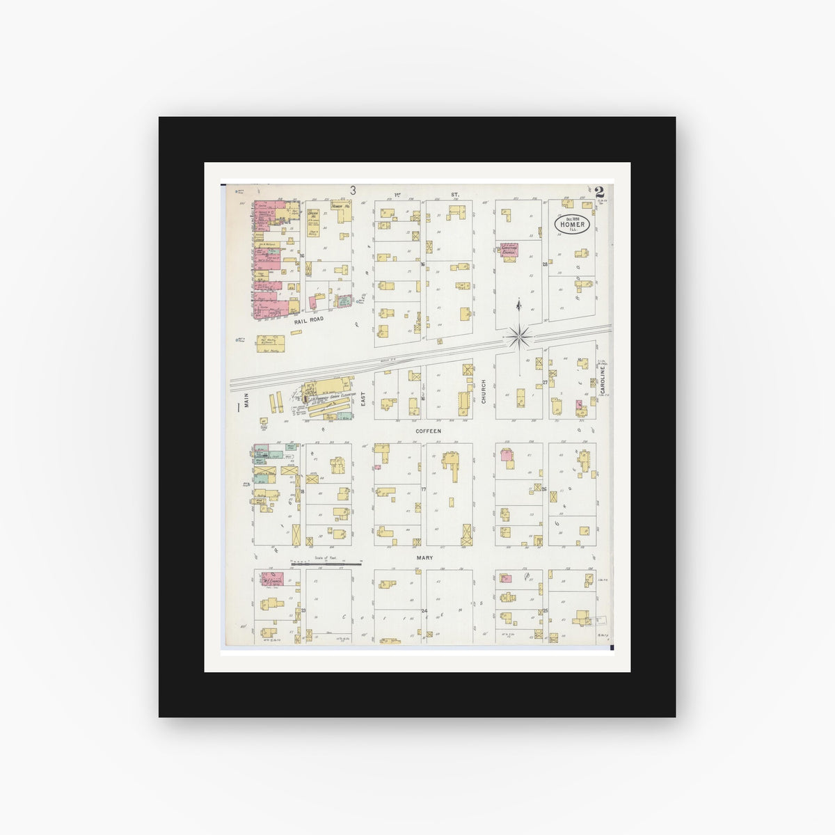 Old map wall art mockup — black gallery frame with white mat — Sanborn Fire Insurance Map from Homer, Champaign County, Illinois (1898), Sheet #0002