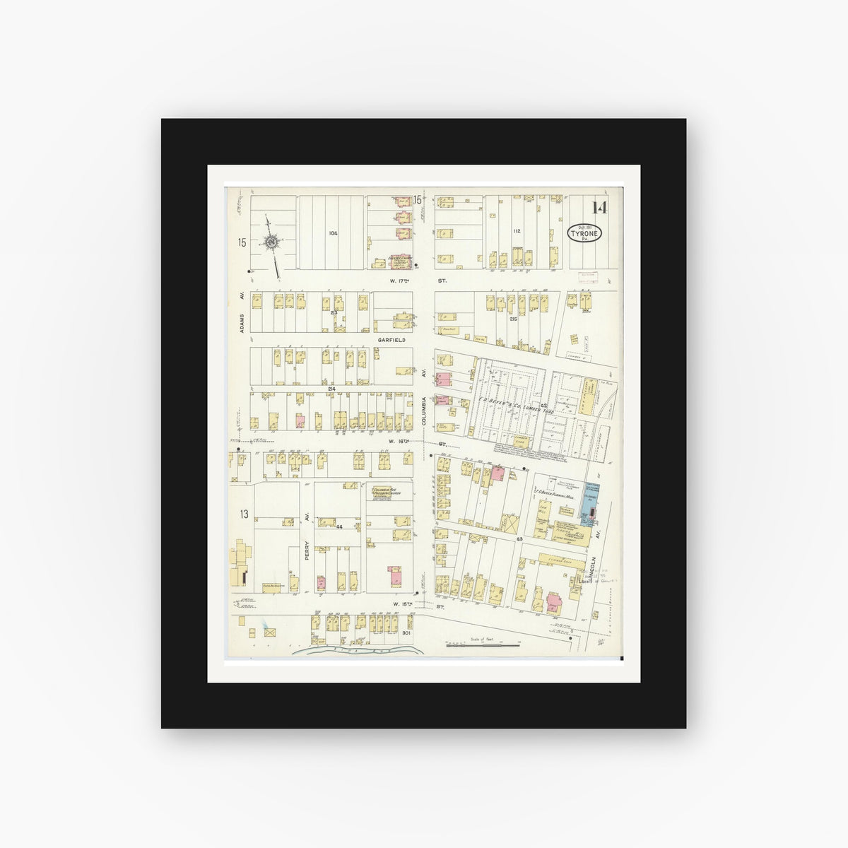 Old map wall art mockup — black gallery frame with white mat — Sanborn Fire Insurance Map from Tyrone, Blair County, Pennsylvania (1911), Sheet #0014