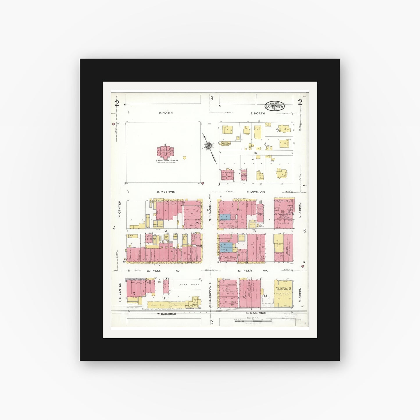 Old map wall art mockup — black gallery frame with white mat — Sanborn Fire Insurance Map from Longview, Gregg County, Texas (1923), Sheet #0002