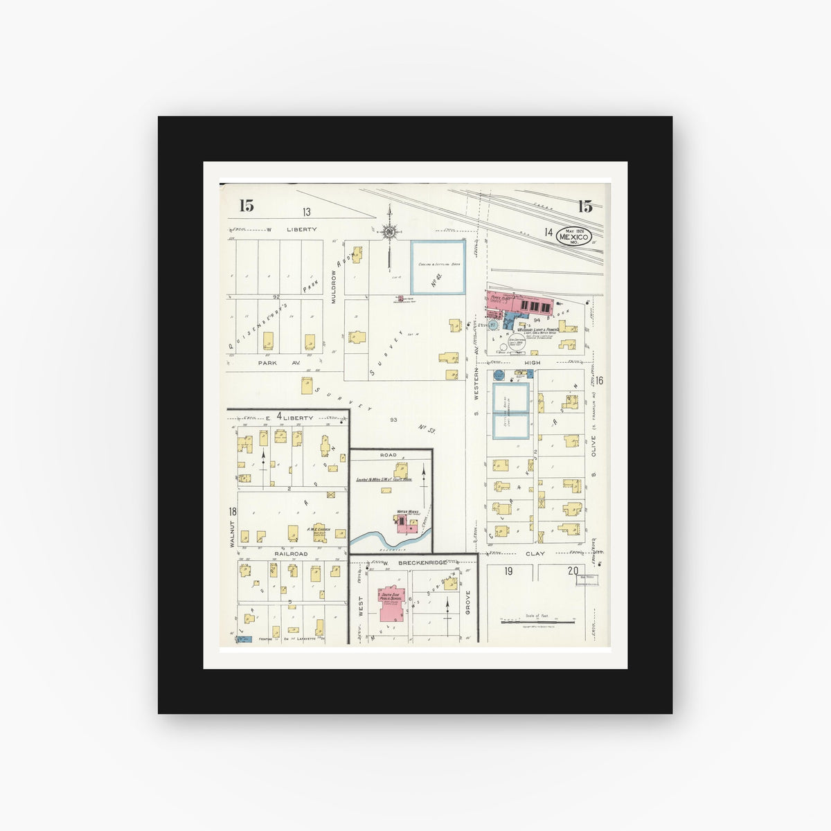 Old map wall art mockup — black gallery frame with white mat — Sanborn Fire Insurance Map from Mexico, Audrain County, Missouri (1926), Sheet #0015