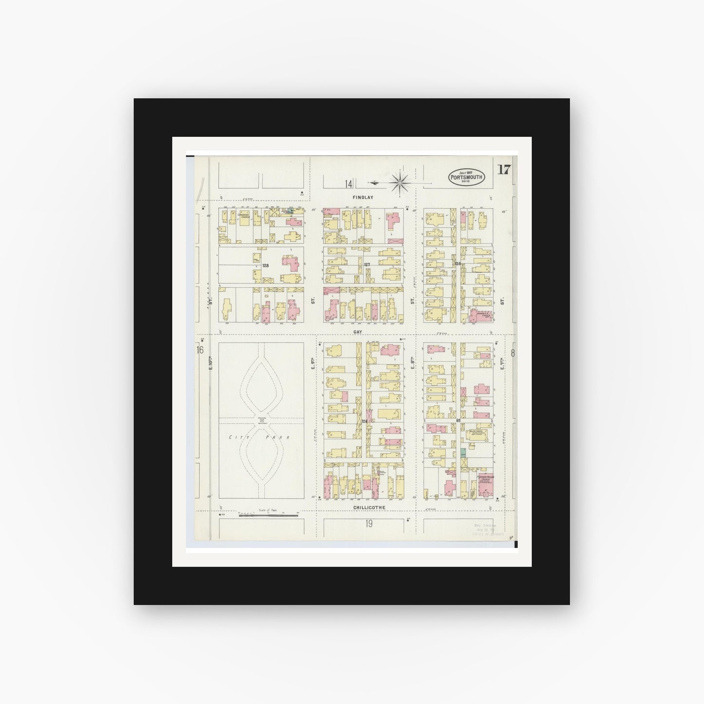 Old map wall art mockup — black gallery frame with white mat — Sanborn Fire Insurance Map from Portsmouth, Scioto County, Ohio (1897), Sheet #0017