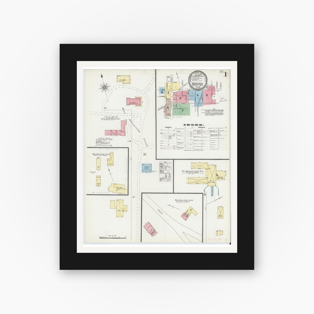 Old map wall art mockup — black gallery frame with white mat — Sanborn Fire Insurance Map from Amherst, Hampshire County, Massachusetts (1896) - Complete Map Set