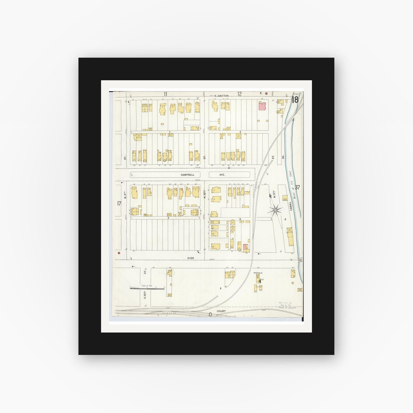 Old map wall art mockup — black gallery frame with white mat — Sanborn Fire Insurance Map from Hamilton, Butler County, Ohio (1899), Sheet #0018