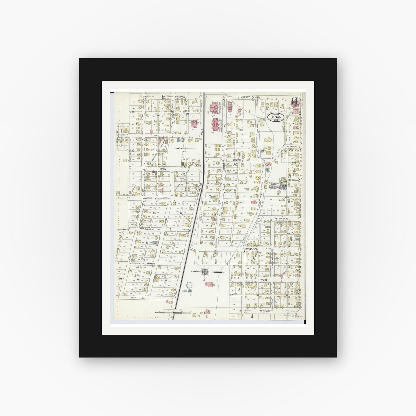Old map wall art mockup — black gallery frame with white mat — Sanborn Fire Insurance Map from Logan, Hocking County, Ohio (1914), Sheet #0014