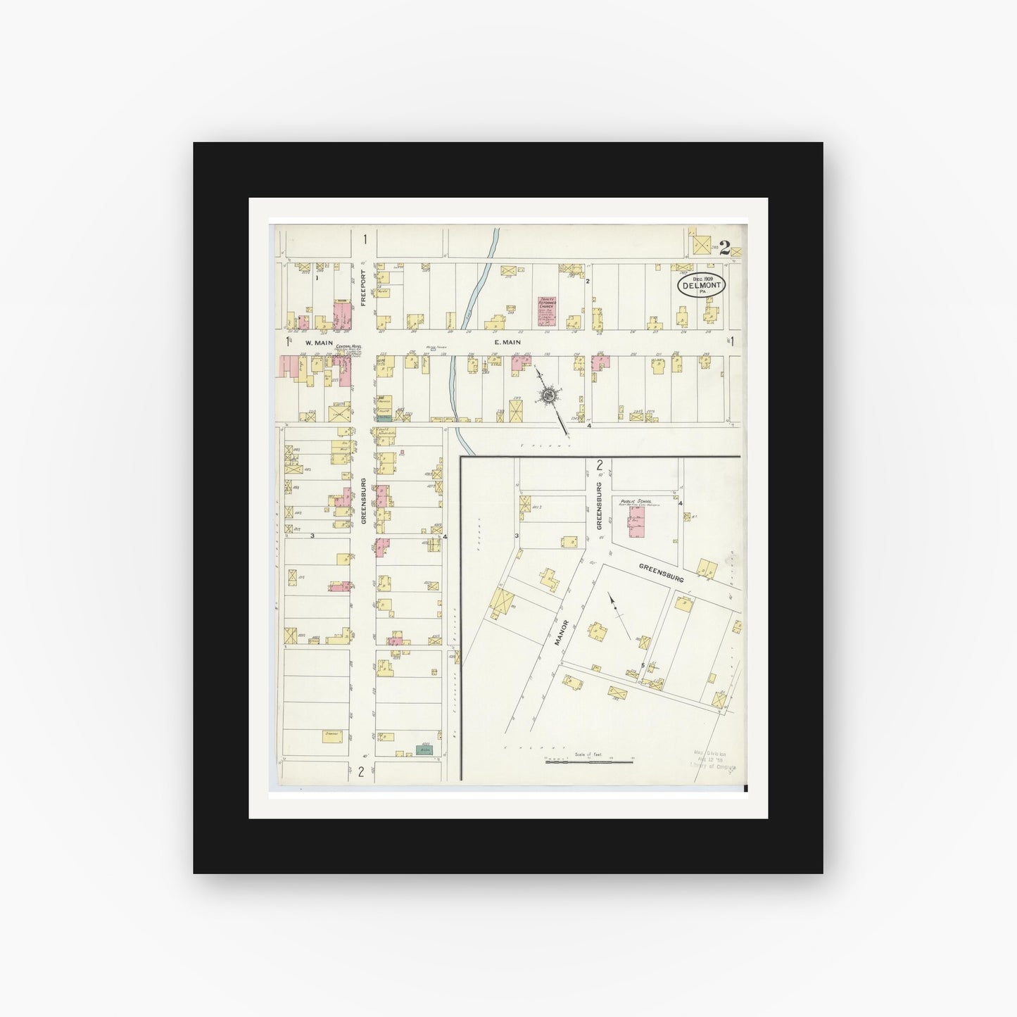 Old map wall art mockup — black gallery frame with white mat — Sanborn Fire Insurance Map from Delmont, Westmoreland County, Pennsylvania (1909), Sheet #0002
